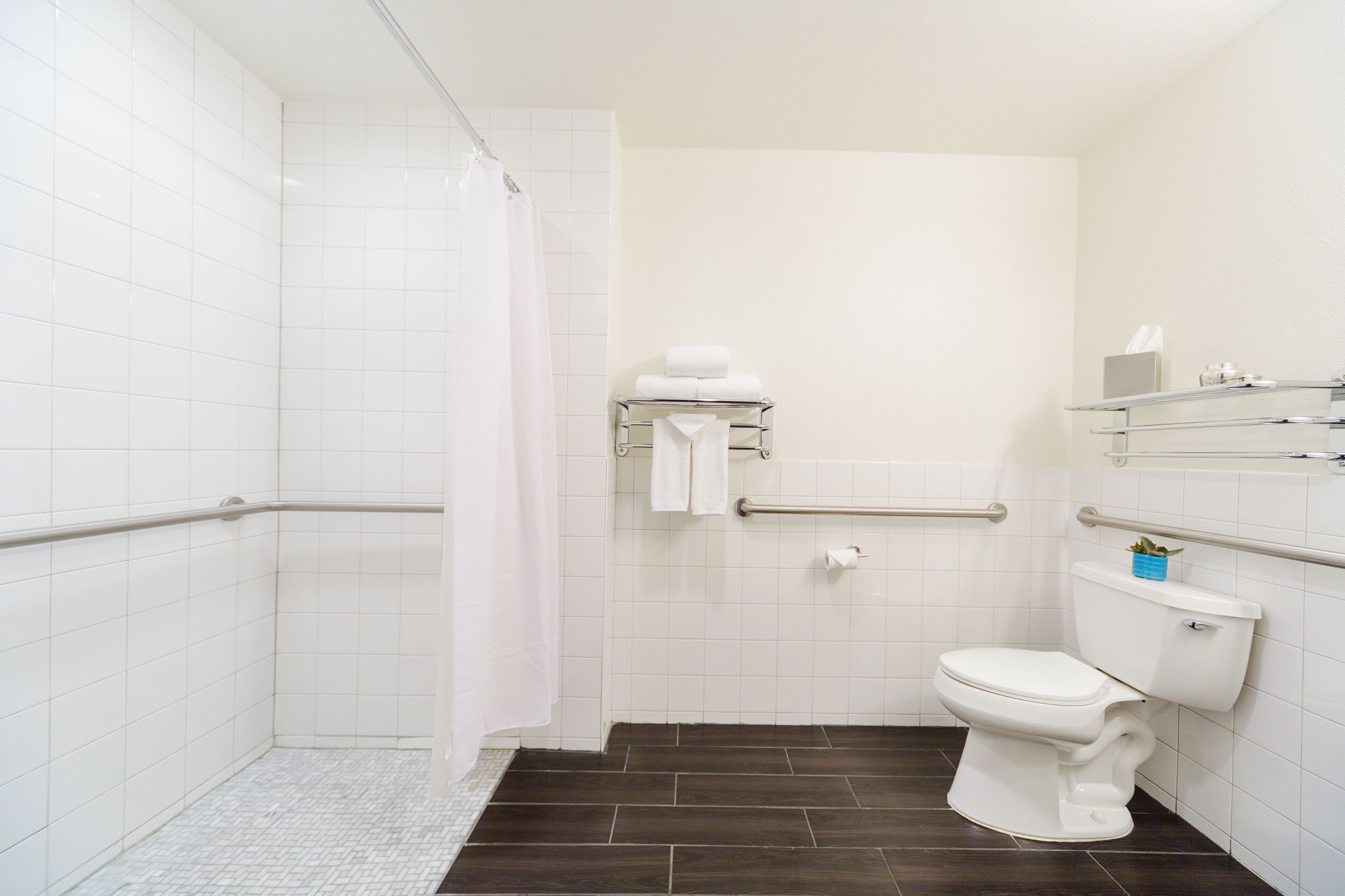 A bathroom with a shower, toilet, and a towel rack.