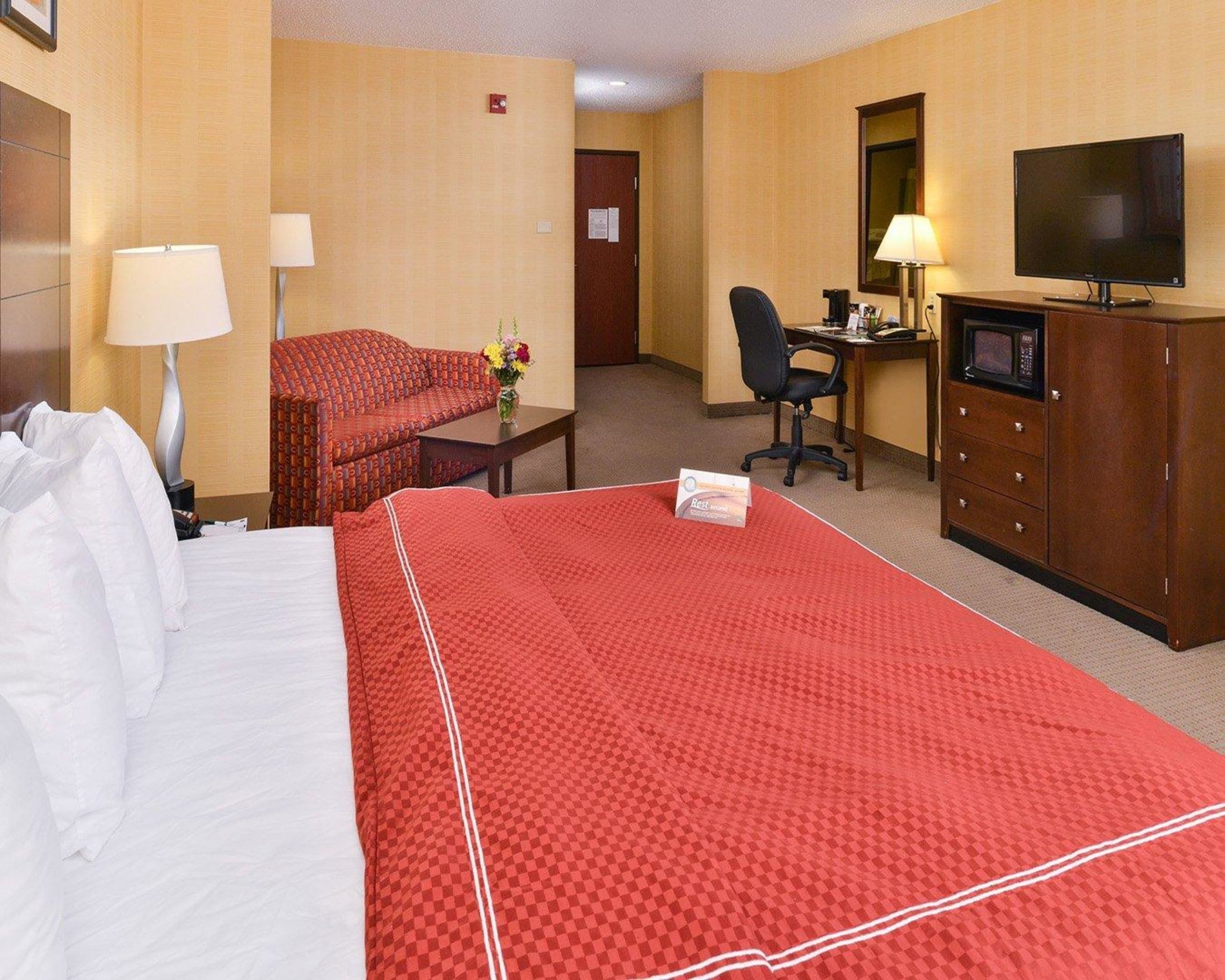 Una habitación de hotel con cama, escritorio, silla, televisor y armario.