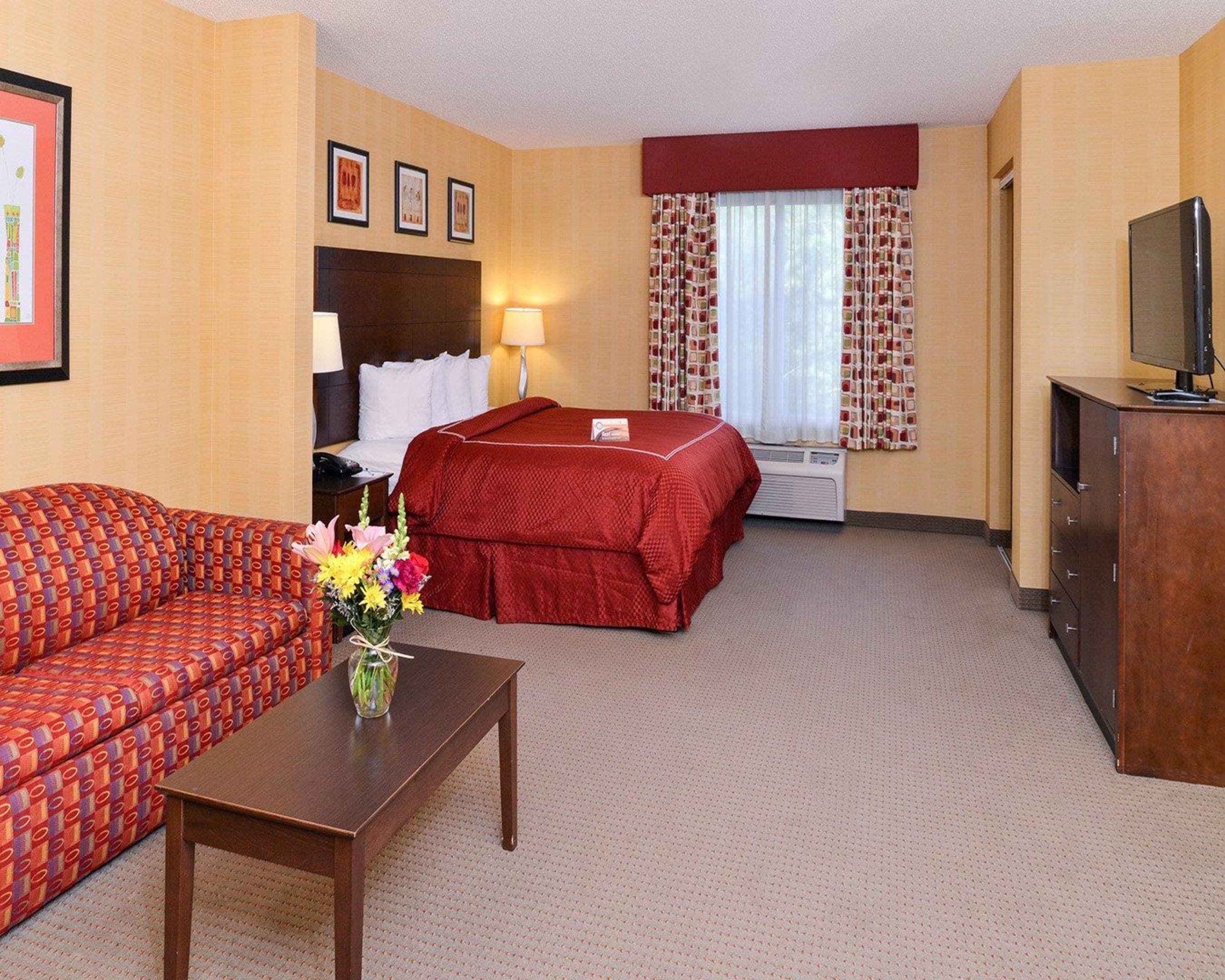 Une chambre d’hôtel avec un lit, un canapé, une télévision et un bureau.