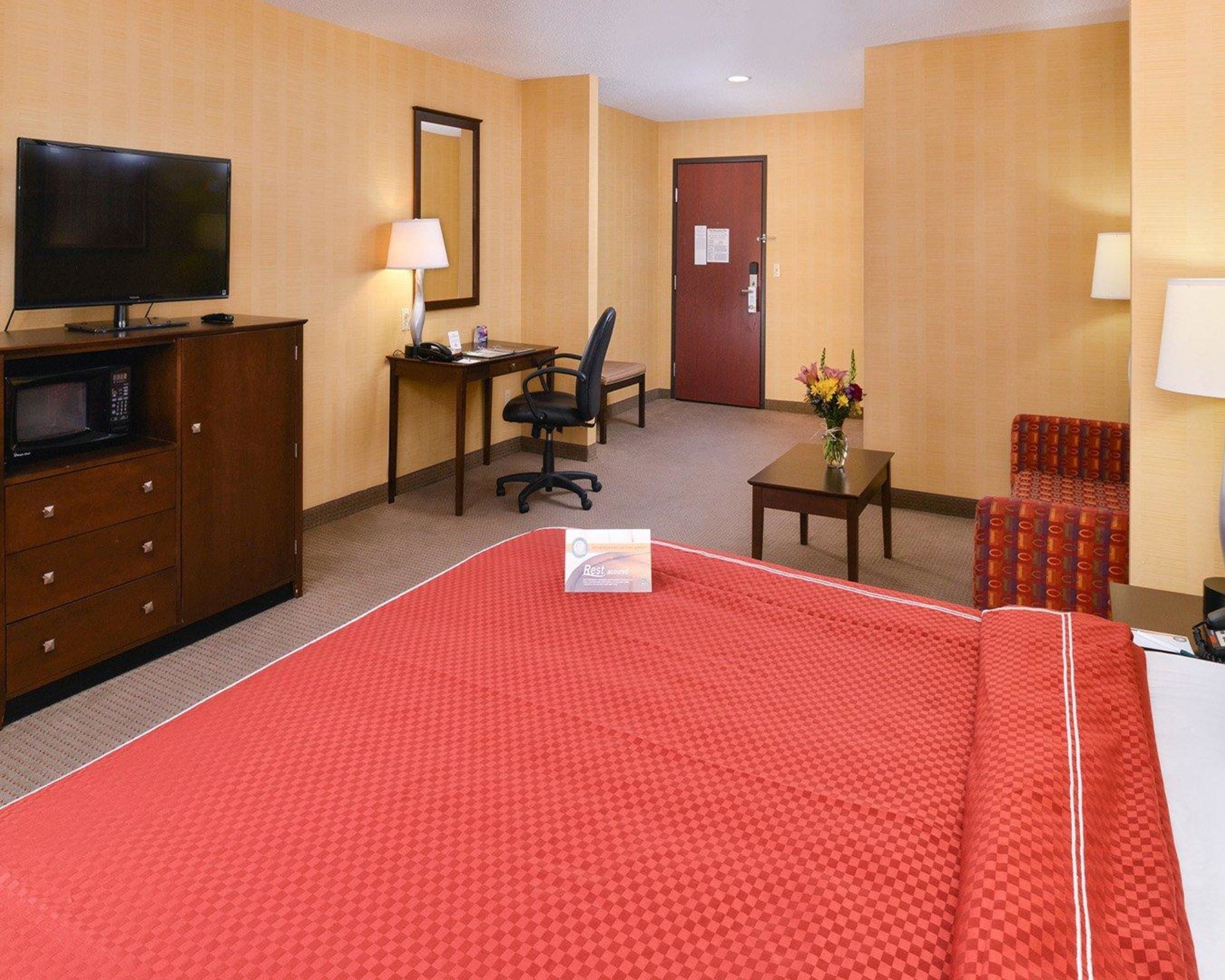 Una habitación de hotel con una cama, un escritorio con una silla, un televisor, una lámpara y una puerta.