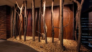 A modern interior with a wooden wall and a display of tree branches.