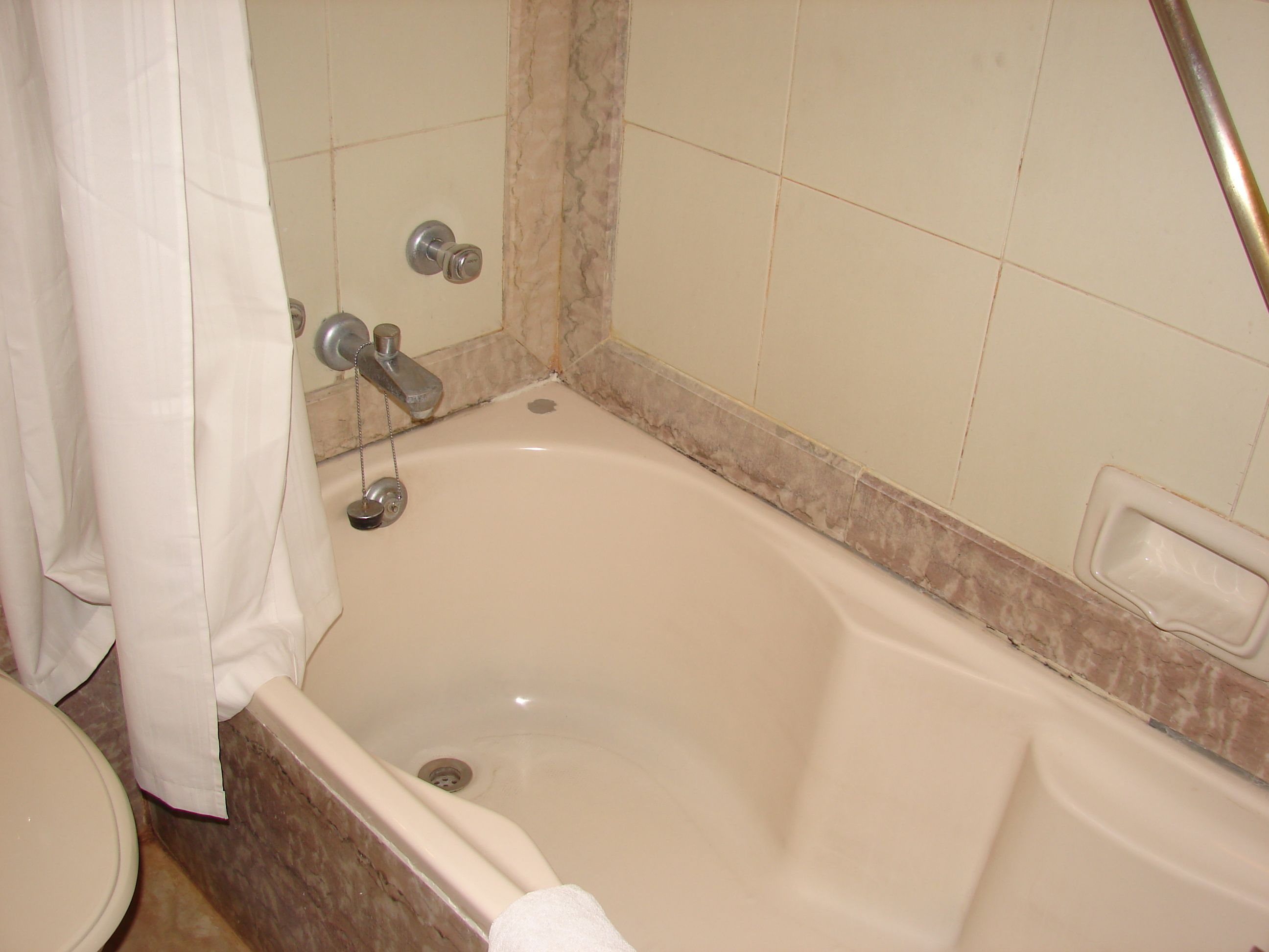 A bathroom with a bathtub, a toilet, and a shower curtain.