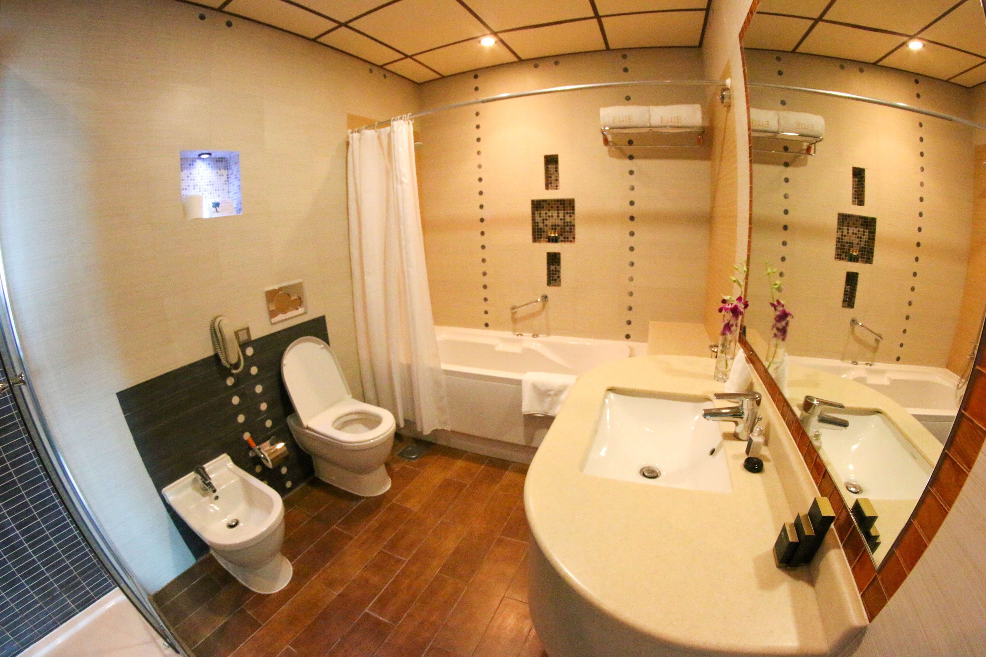 Une salle de bain équipée d’un bidet, de toilettes, d’une baignoire et d’un grand lavabo avec un miroir.