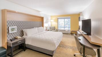 Habitación de hotel con cama, escritorio, silla, televisor y ventana con vistas.