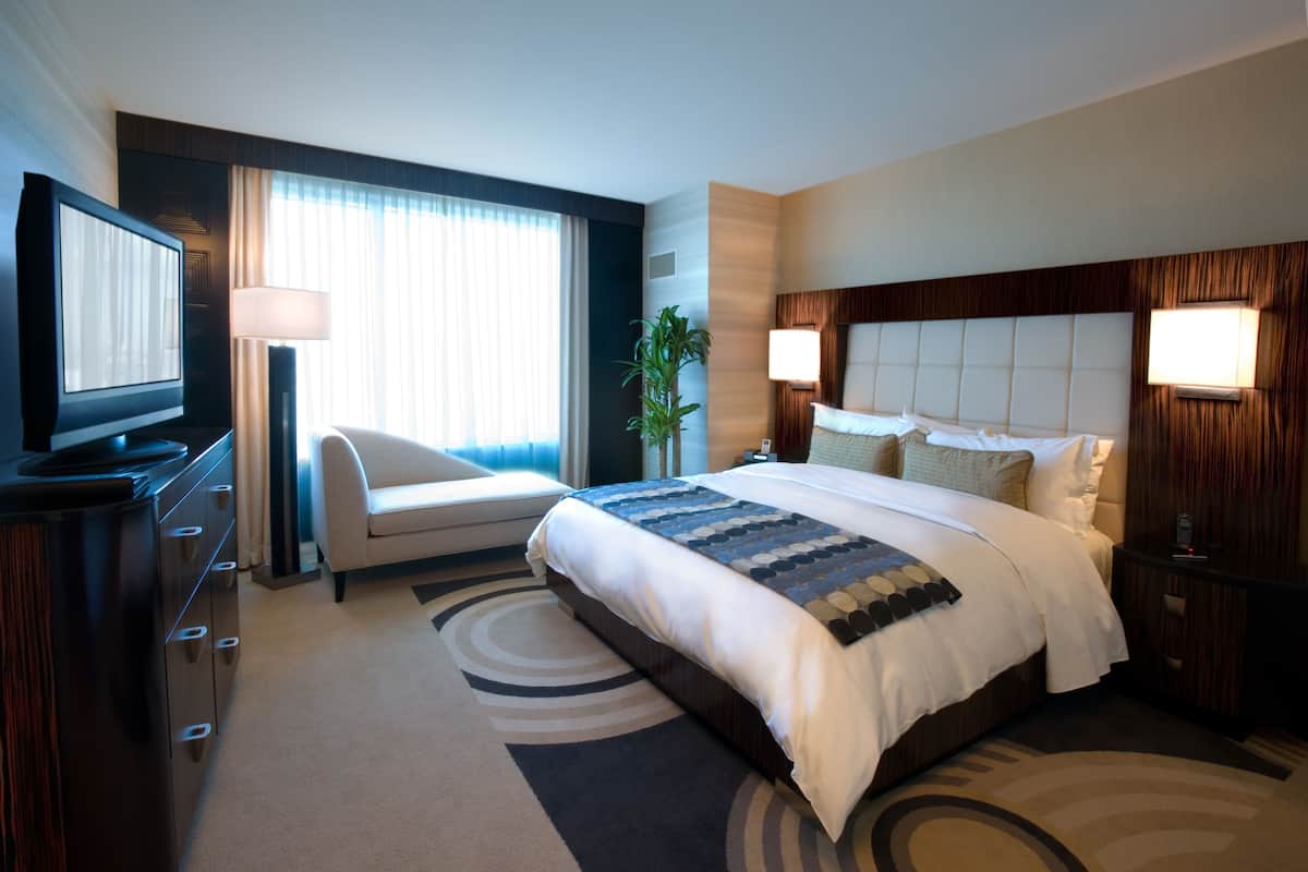A hotel room with a large bed, a desk with a flat-screen TV, a chair, a plant, and a nightstand with a lamp.