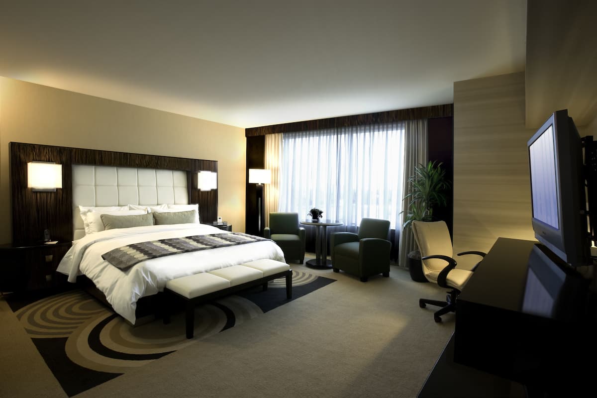 A hotel room with a large bed, two armchairs, a small table, a TV, and a potted plant.