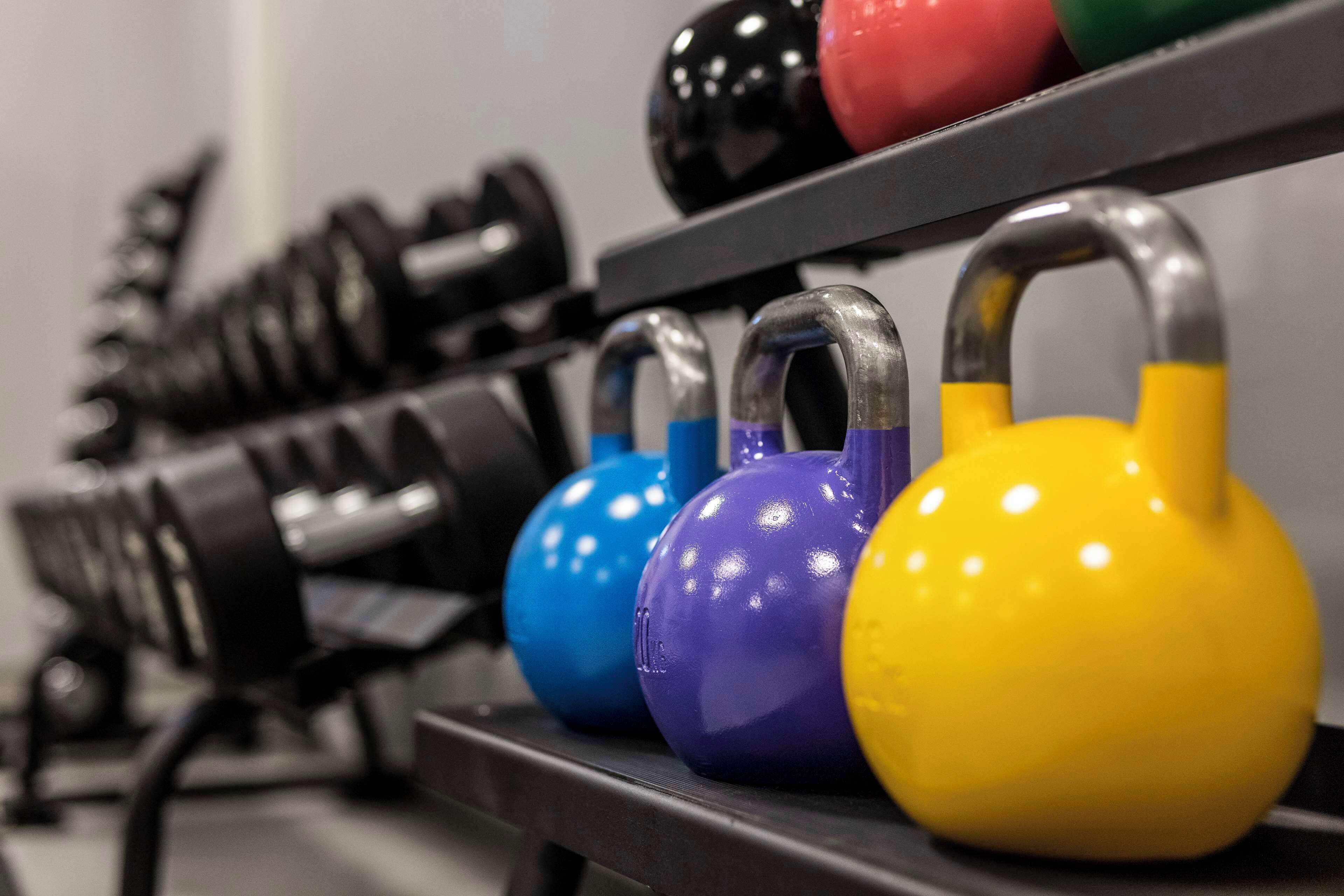 Une rangée de kettlebells de différentes couleurs.