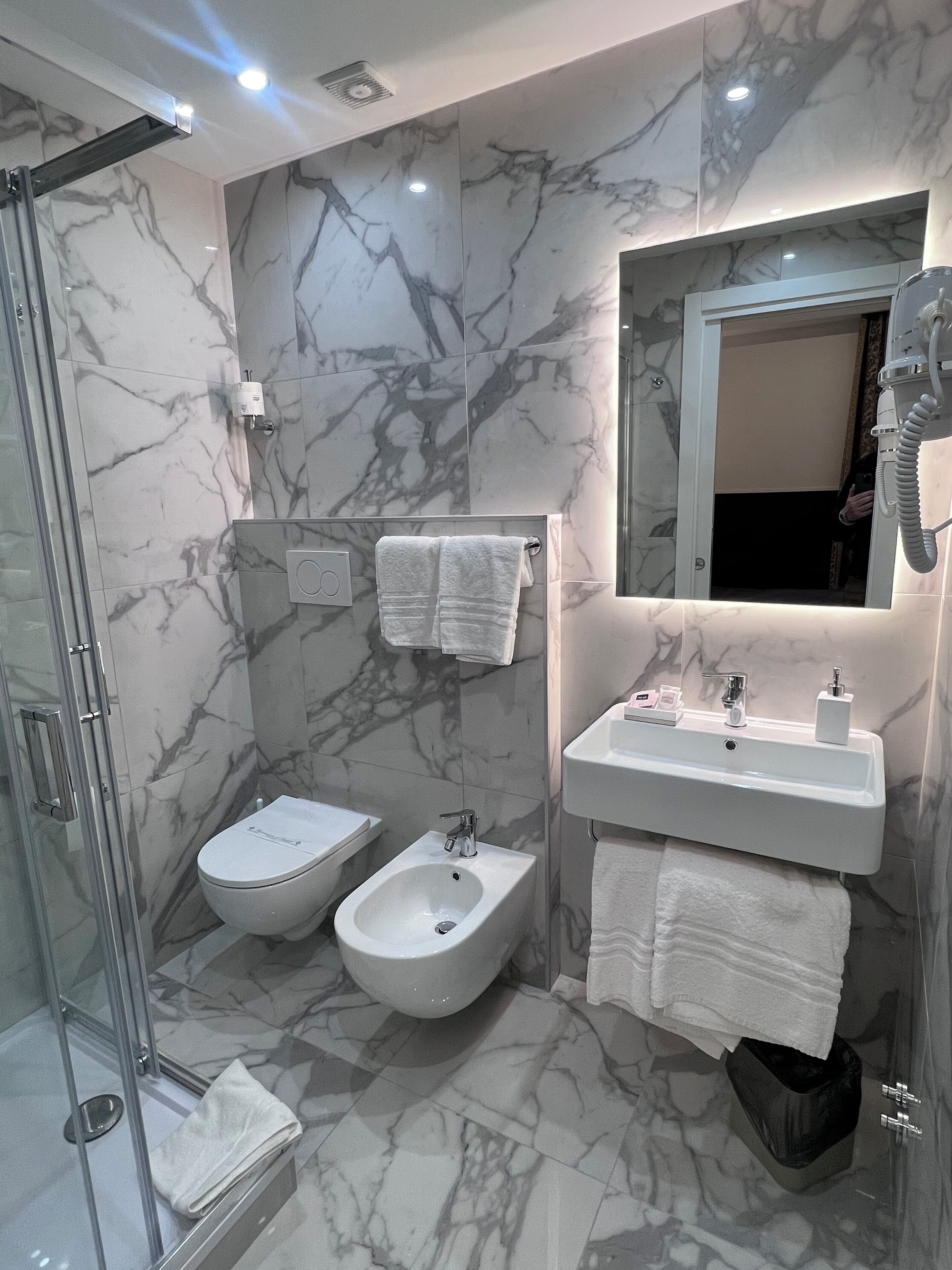 A modern bathroom with a glass-enclosed shower, a bidet, a sink, and a mirror with a hairdryer.