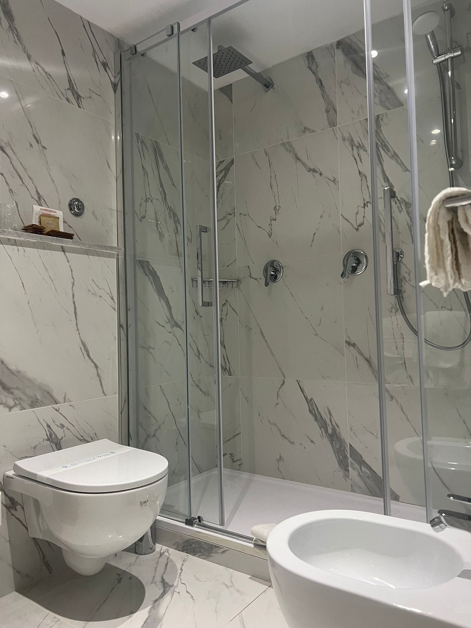 A modern bathroom with a glass-enclosed shower, a toilet, and a large sink.
