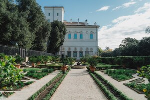 Un sendero en un jardín que conduce a un edificio blanco con contraventanas azules, rodeado de plantas y árboles ordenados.