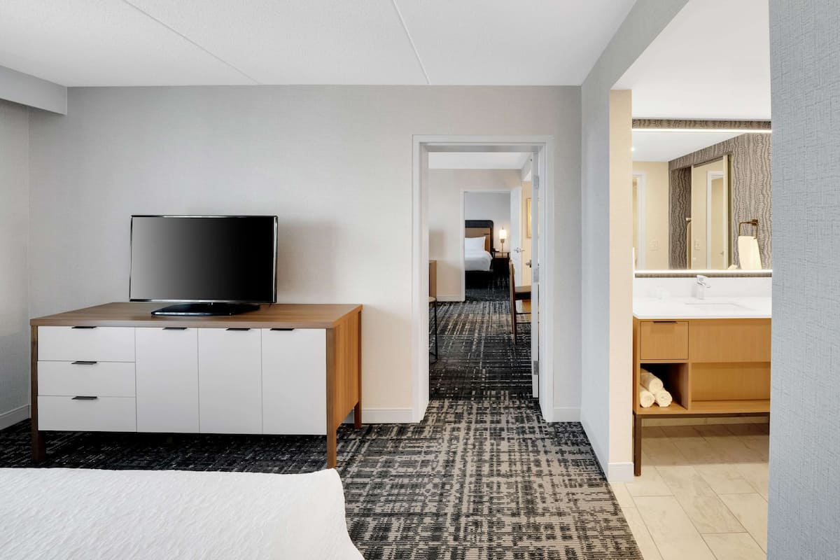 A hotel room with a flat-screen TV on a wooden dresser, a large mirror above the sink, and a patterned carpet.