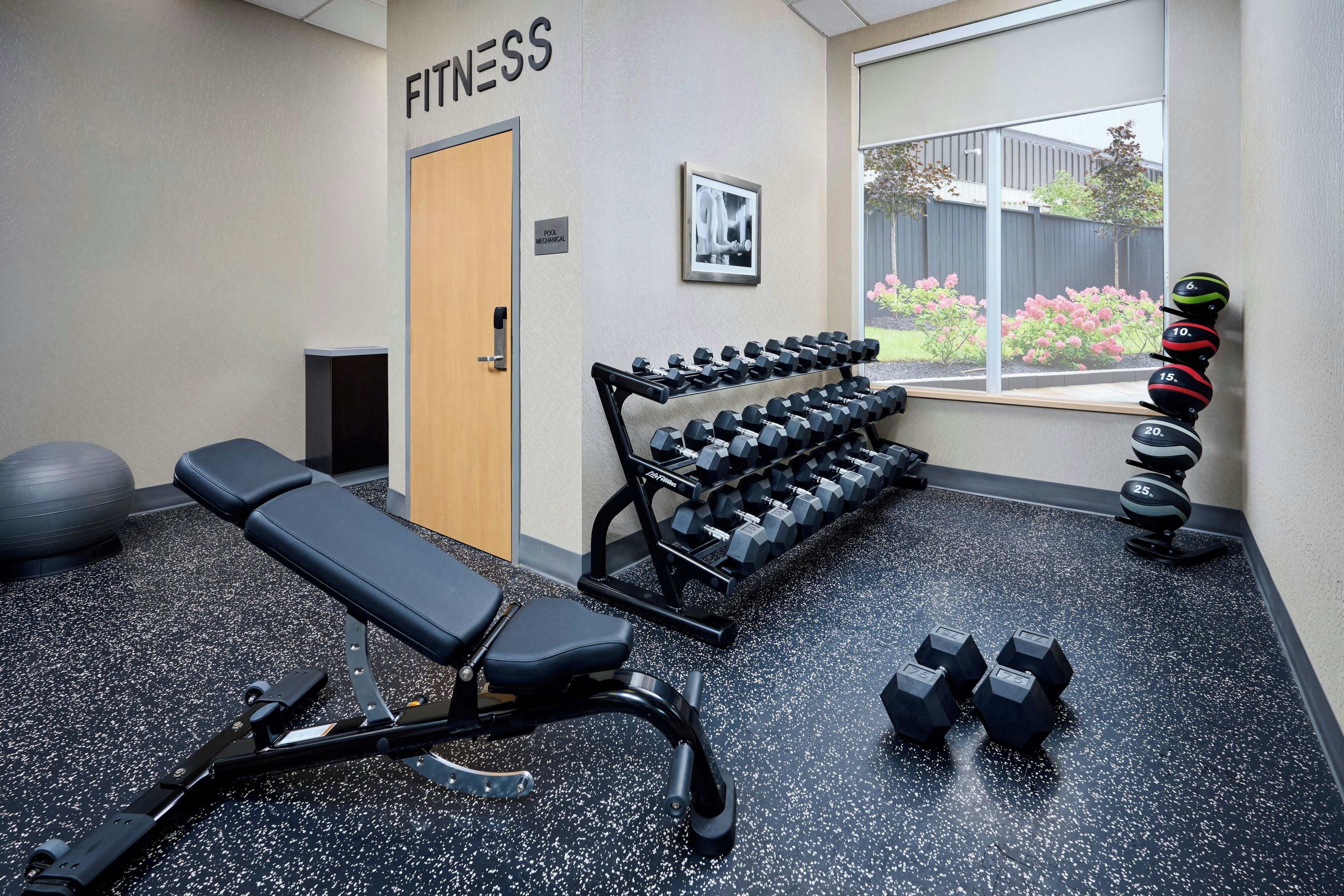 A fitness room with a bench, dumbbells, and exercise balls.