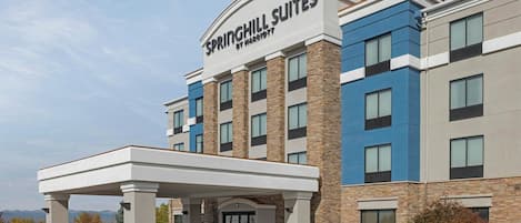 Un hôtel doté d’une entrée couverte, de plusieurs étages et d’une enseigne bien visible indiquant qu’il s’agit d’un établissement Springhill Suites by Marriott.