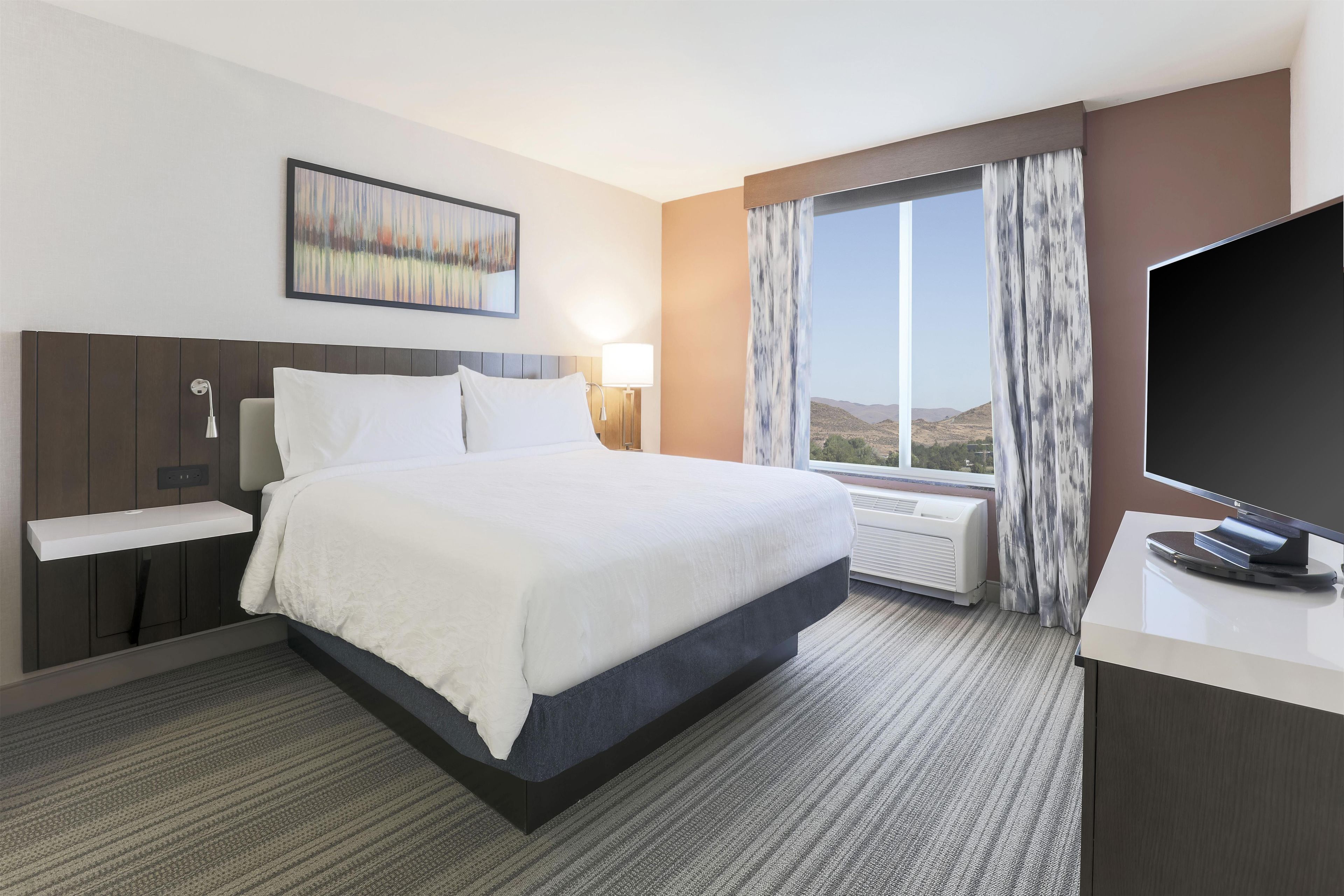 Habitación de hotel con cama, escritorio, televisor, ventana con cortinas, un cuadro en la pared y un calefactor.