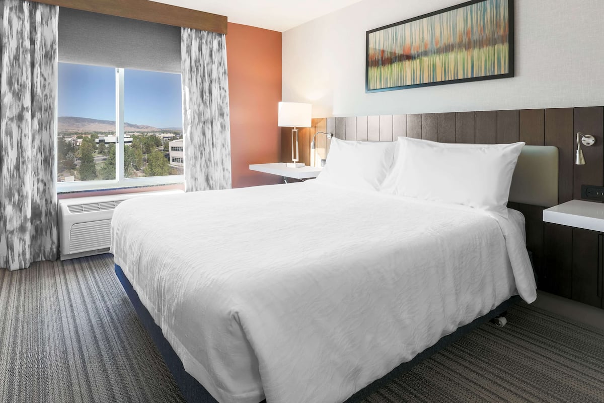 A hotel room with a large bed, a nightstand, a lamp, and a view of the city through a window.