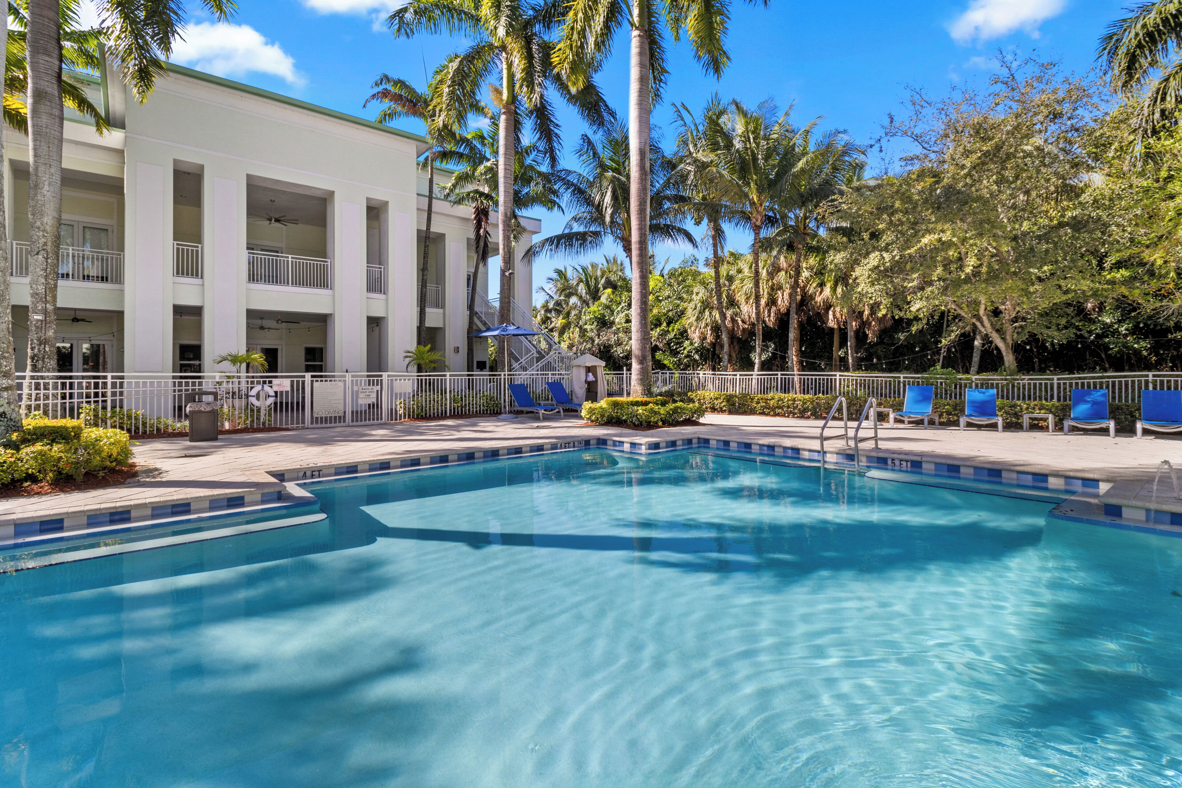 A swimming pool with a white building in the background, surrounded by palm trees and a clear sky.