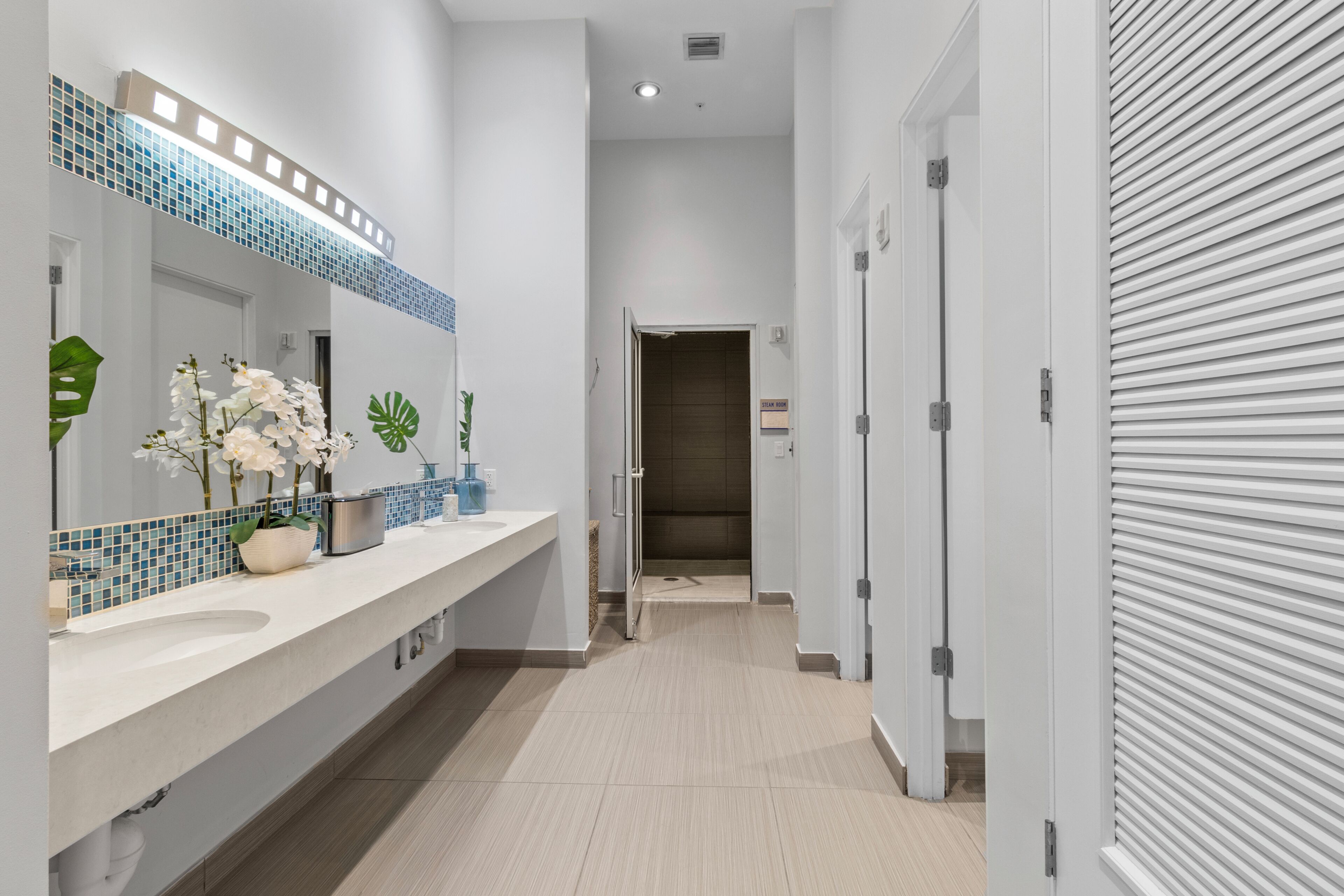 A modern bathroom with a large mirror, white sink, and a potted plant.