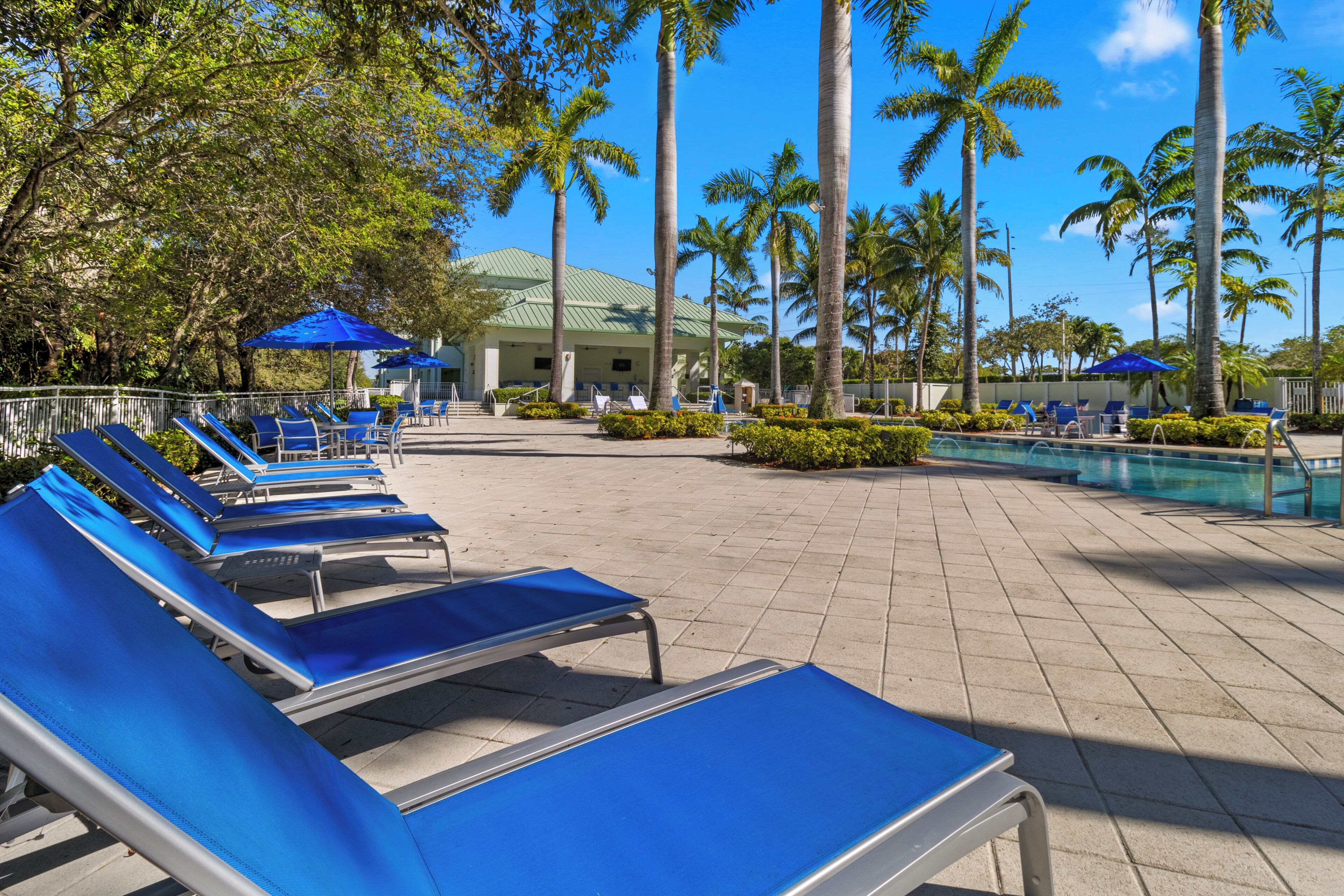 A poolside area with sun loungers, palm trees, and a building with a green roof.