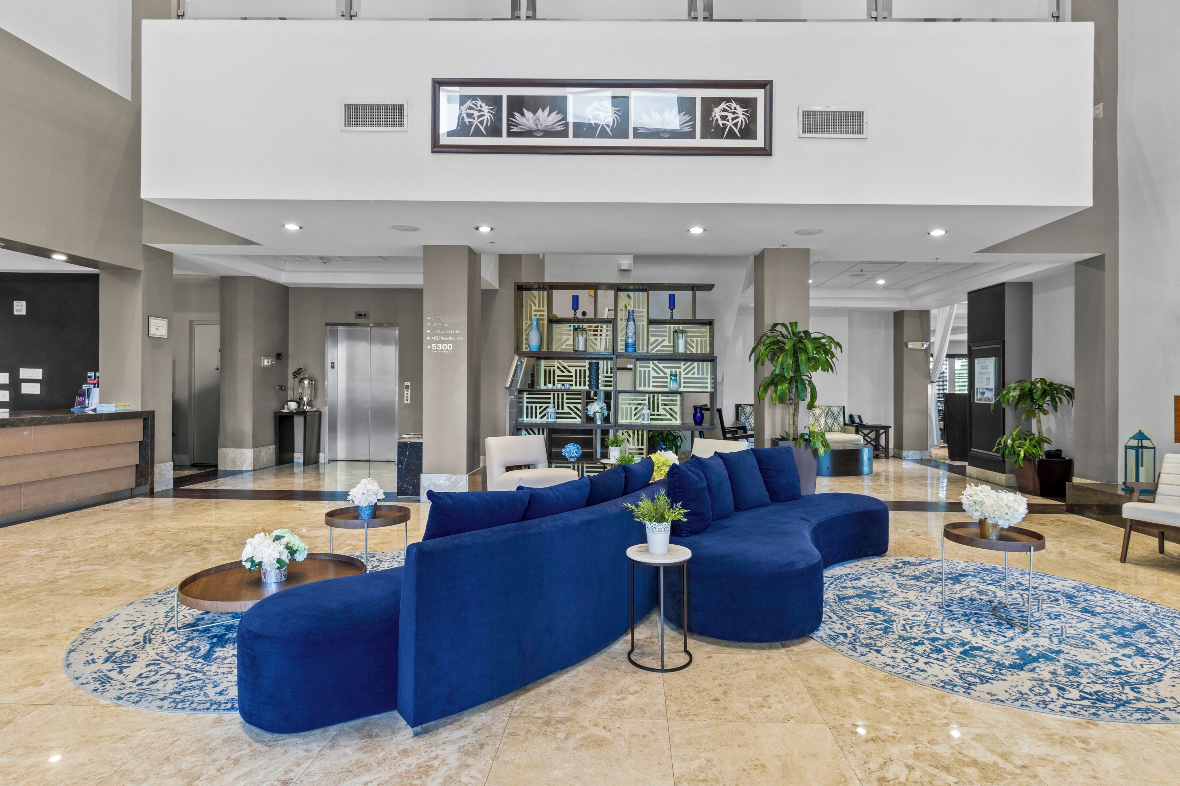 Un hall d’entrée spacieux, avec un canapé d’angle bleu, un comptoir de réception et un mur décoratif orné d’œuvres d’art encadrées.