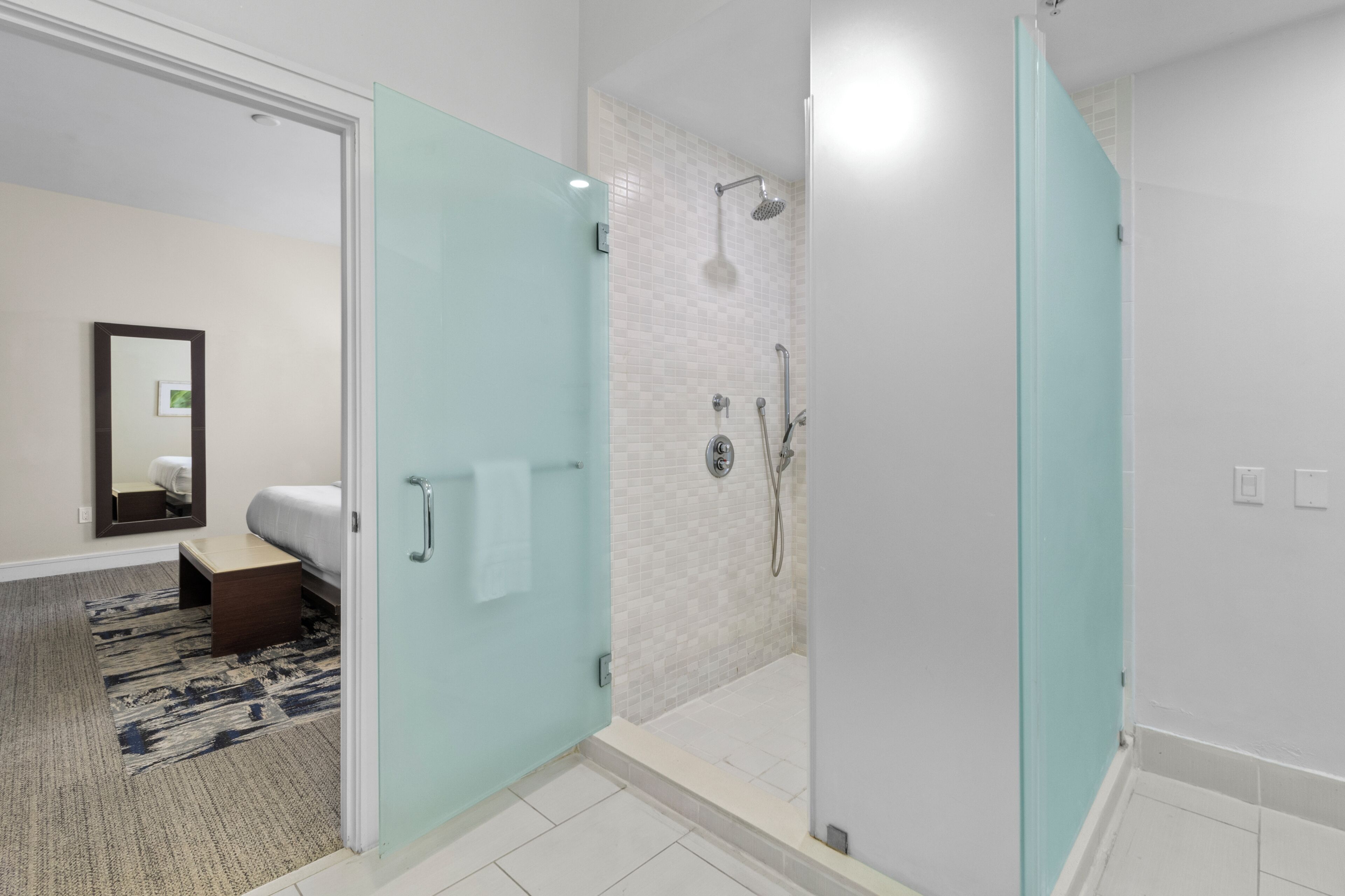 A modern bathroom with a glass shower enclosure, a separate toilet area, and a visible mirror.