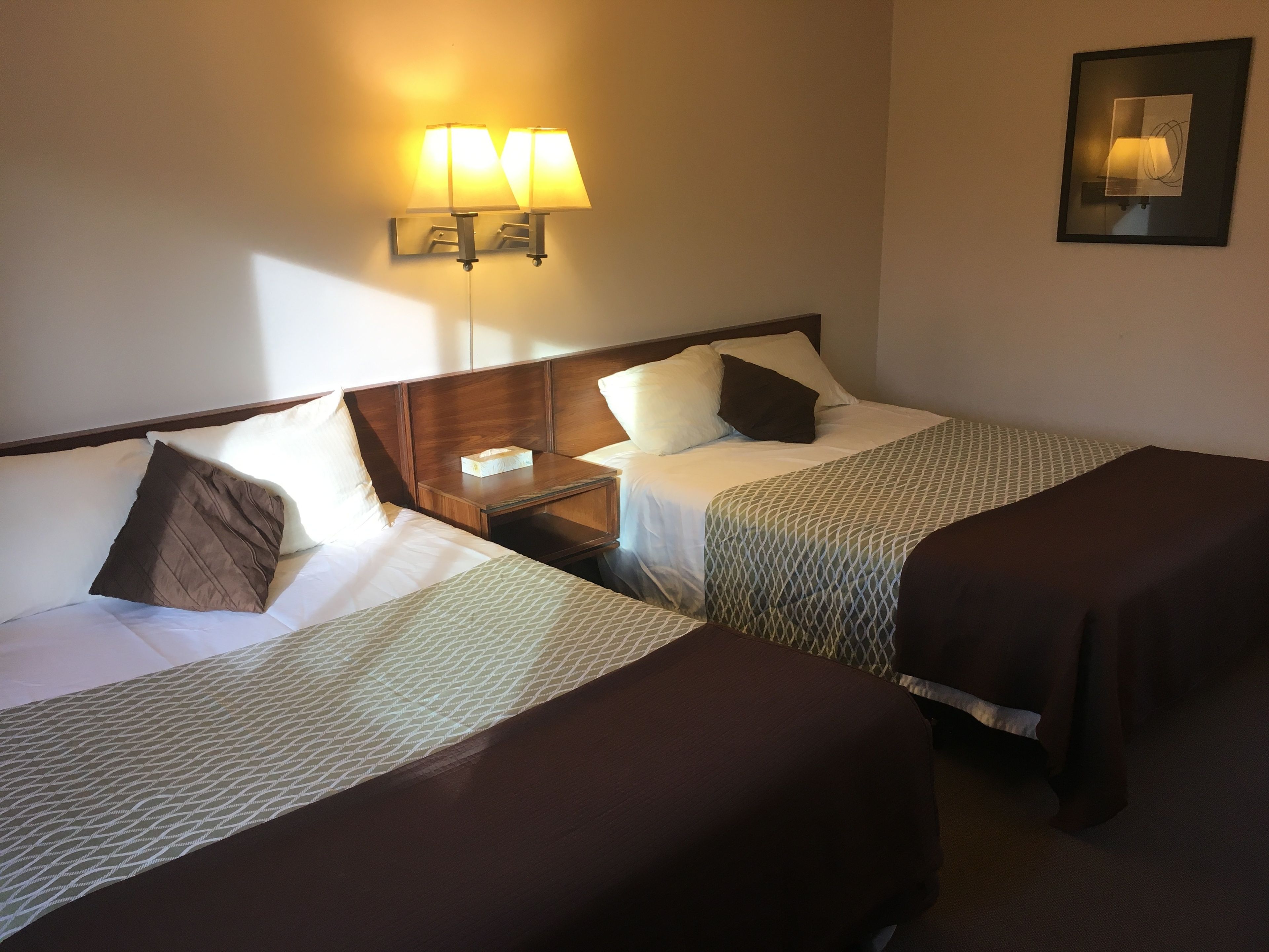 Una habitación de hotel con dos camas individuales, una mesita de noche con lámpara y un cuadro en la pared.