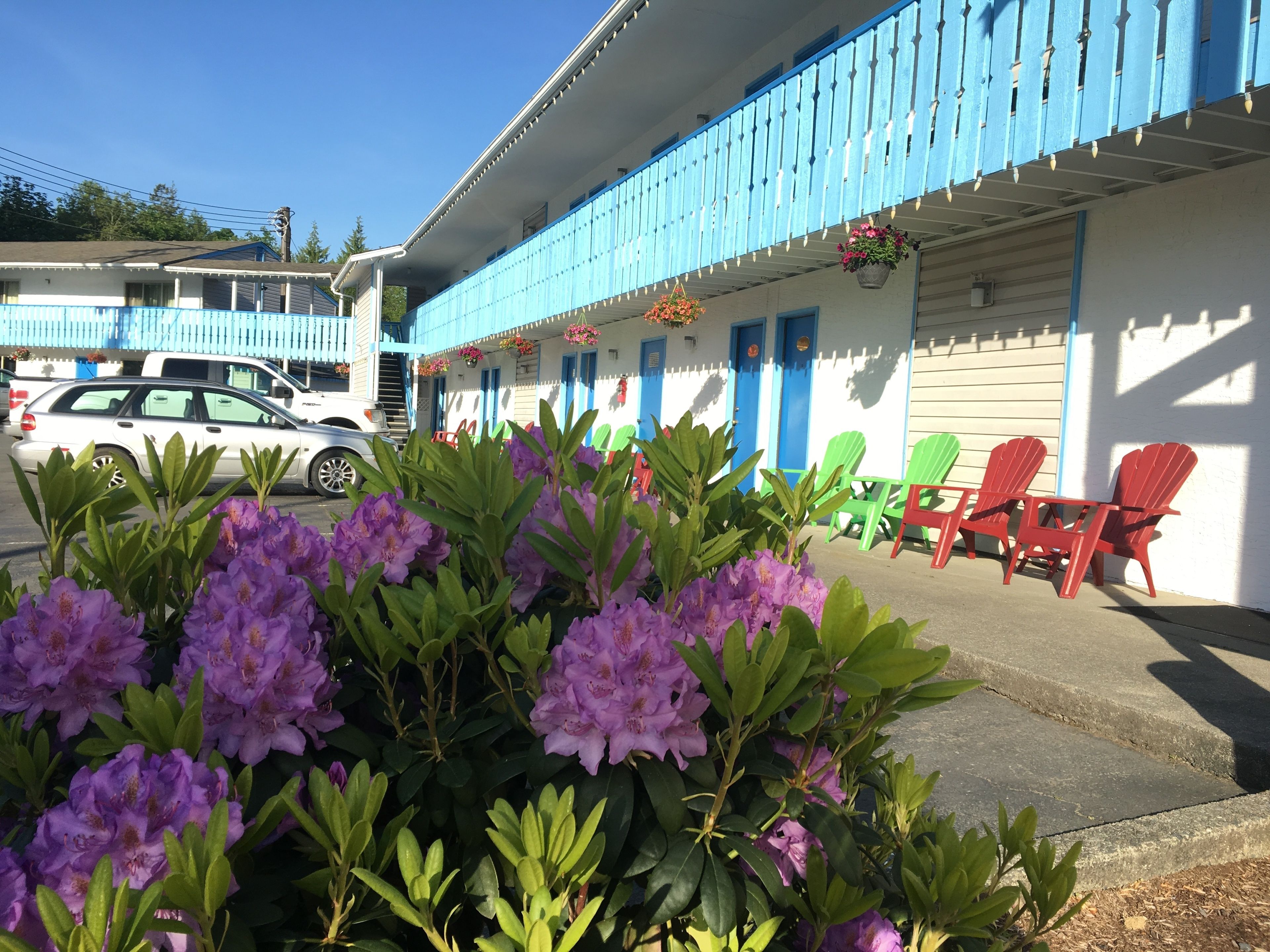 Un edificio con facciata blu e un'area parcheggio con un'auto bianca.