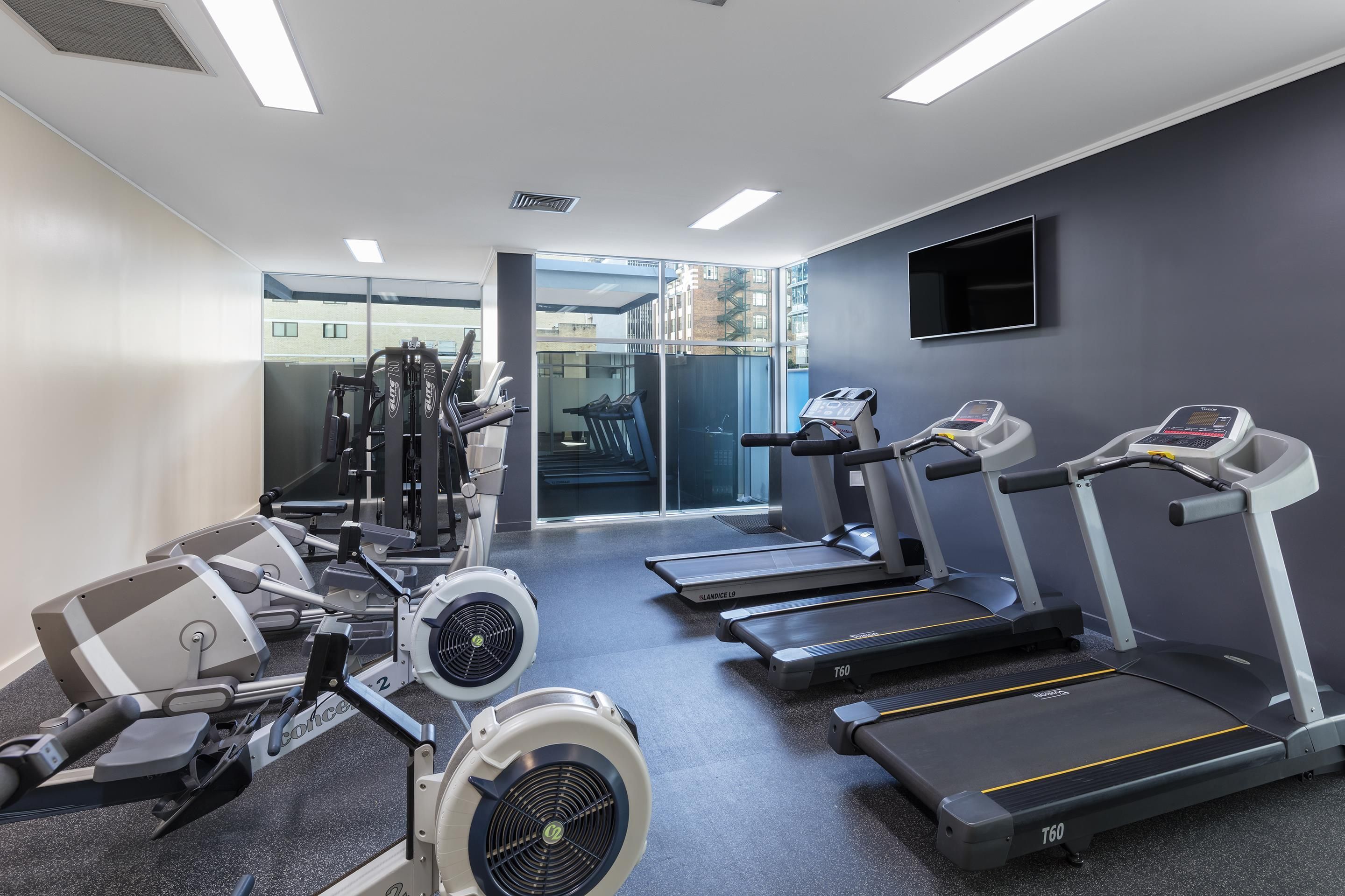 Un gimnasio moderno con equipos de cardio y entrenamiento de fuerza, incluyendo cintas de correr y máquinas de pesas.