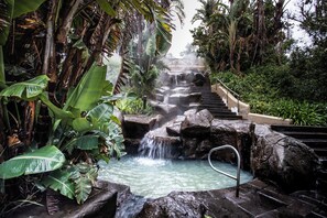 A natural water feature with a cascading waterfall, surrounded by lush tropical vegetation and stone steps leading to a viewing area. - The Caledon Hotel & Spa (Caledon)