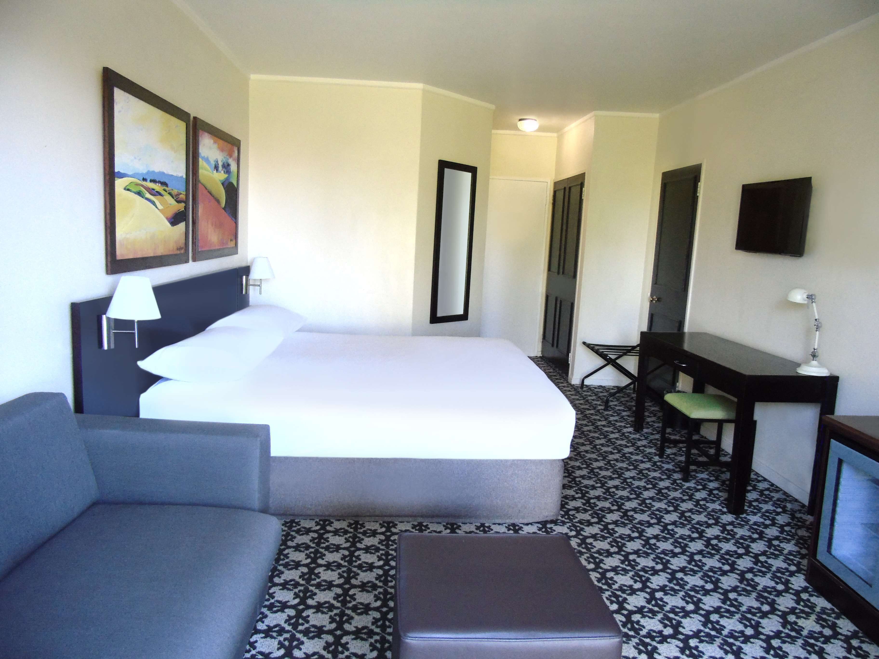 Una habitación de hotel con cama, escritorio, silla, sofá y televisor.