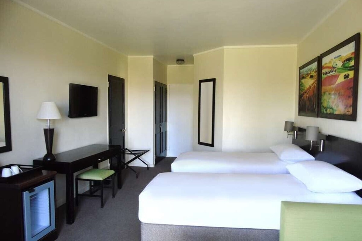 Une chambre d’hôtel avec un lit, un bureau, une chaise, une télévision et un tableau au mur.