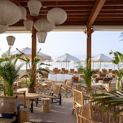 Relax in a seaside lounge with comfortable seating, potted plants, and umbrellas for shade, overlooking the beach.