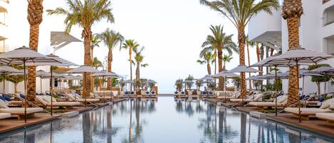 A pool area with lounge chairs and umbrellas, surrounded by palm trees.