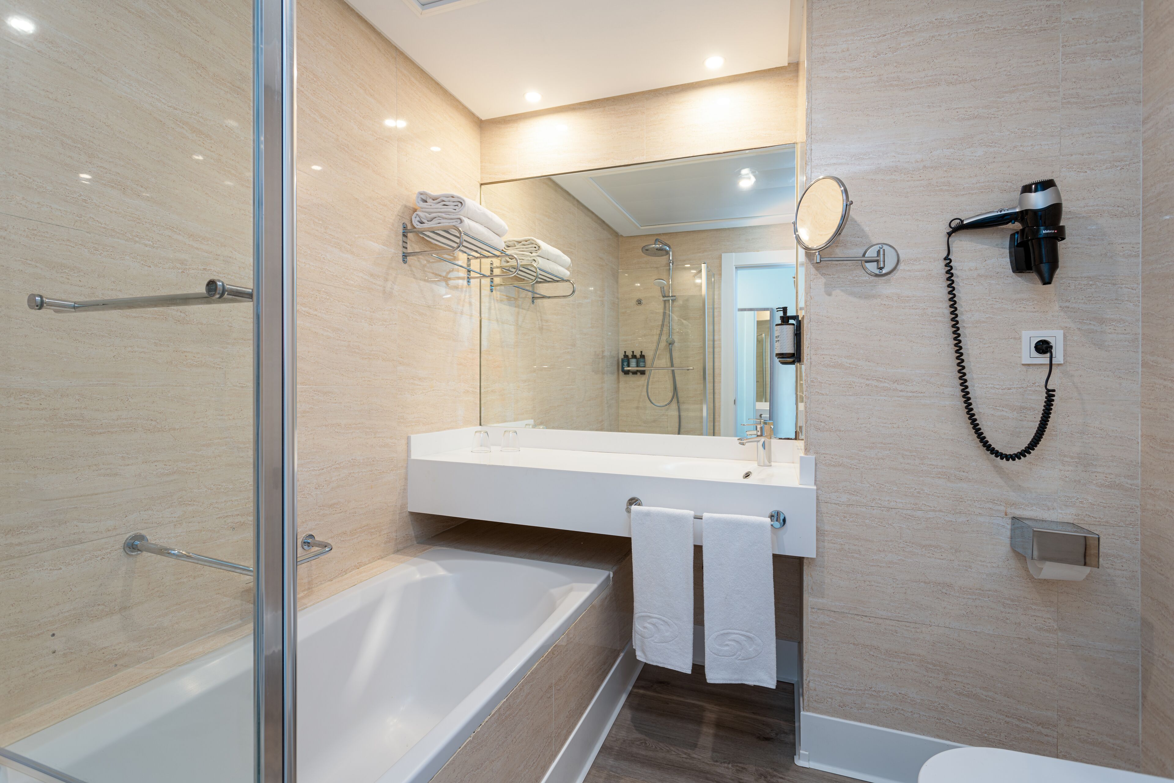 free toiletries, hair dryer, towels