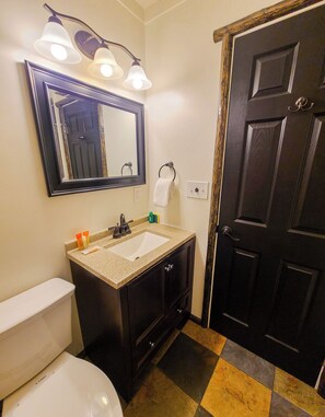 A bathroom with a dark wooden door, a white toilet, a sink with a beige countertop, and a mirror above the sink. - Timberline Lodge (Big Bear Lake)