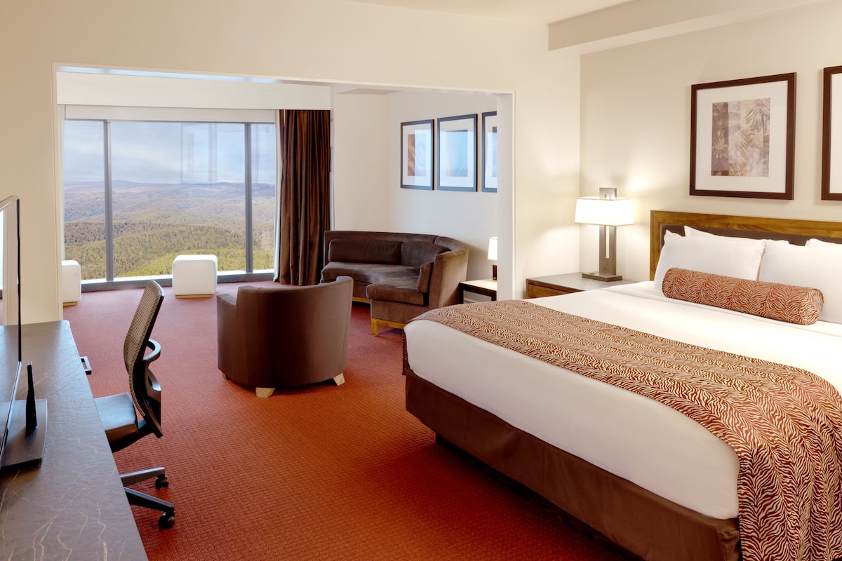 A hotel room with a large bed, a desk, a chair, and a view of the forest.