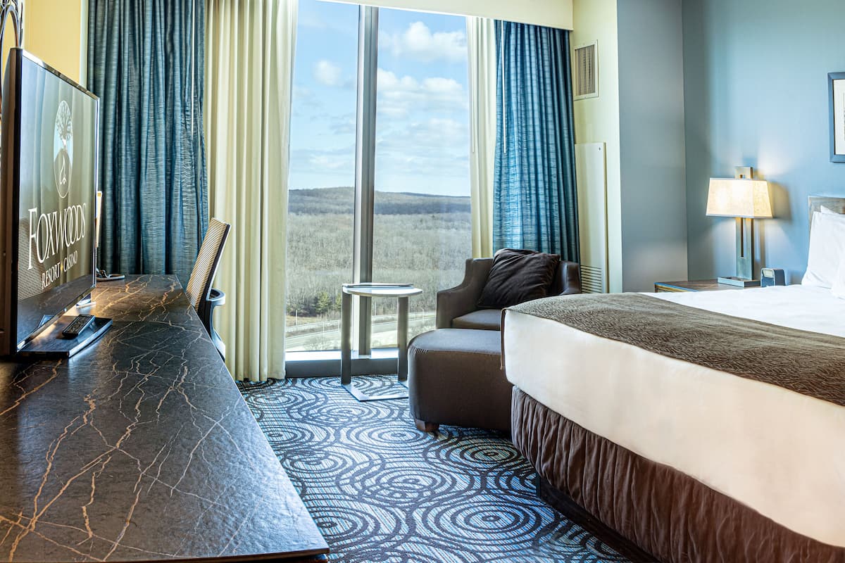 A hotel room with a large bed, a desk with a TV, a view of the outdoors, and a small side table.