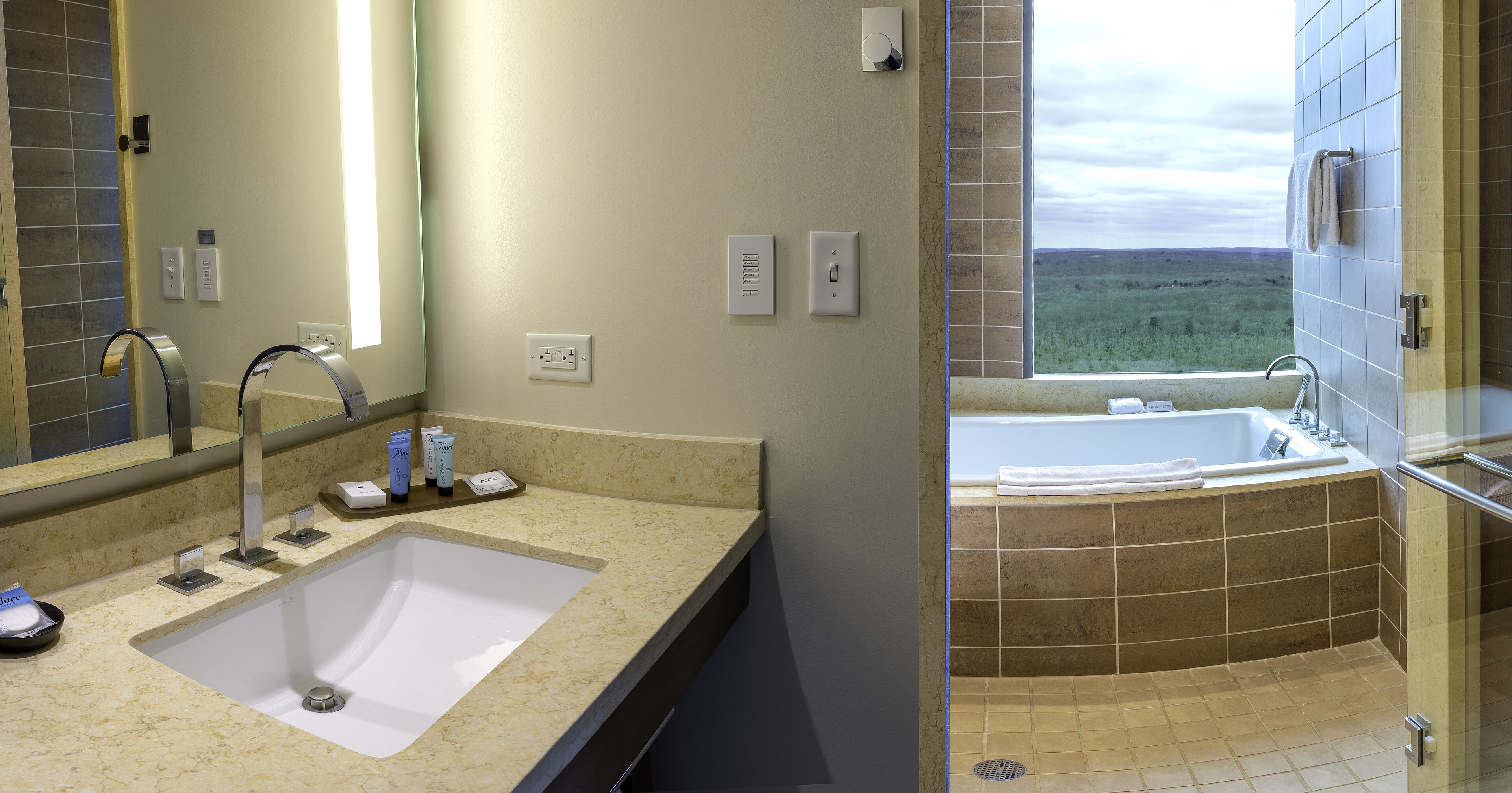 designer toiletries, hair dryer, towels, soap