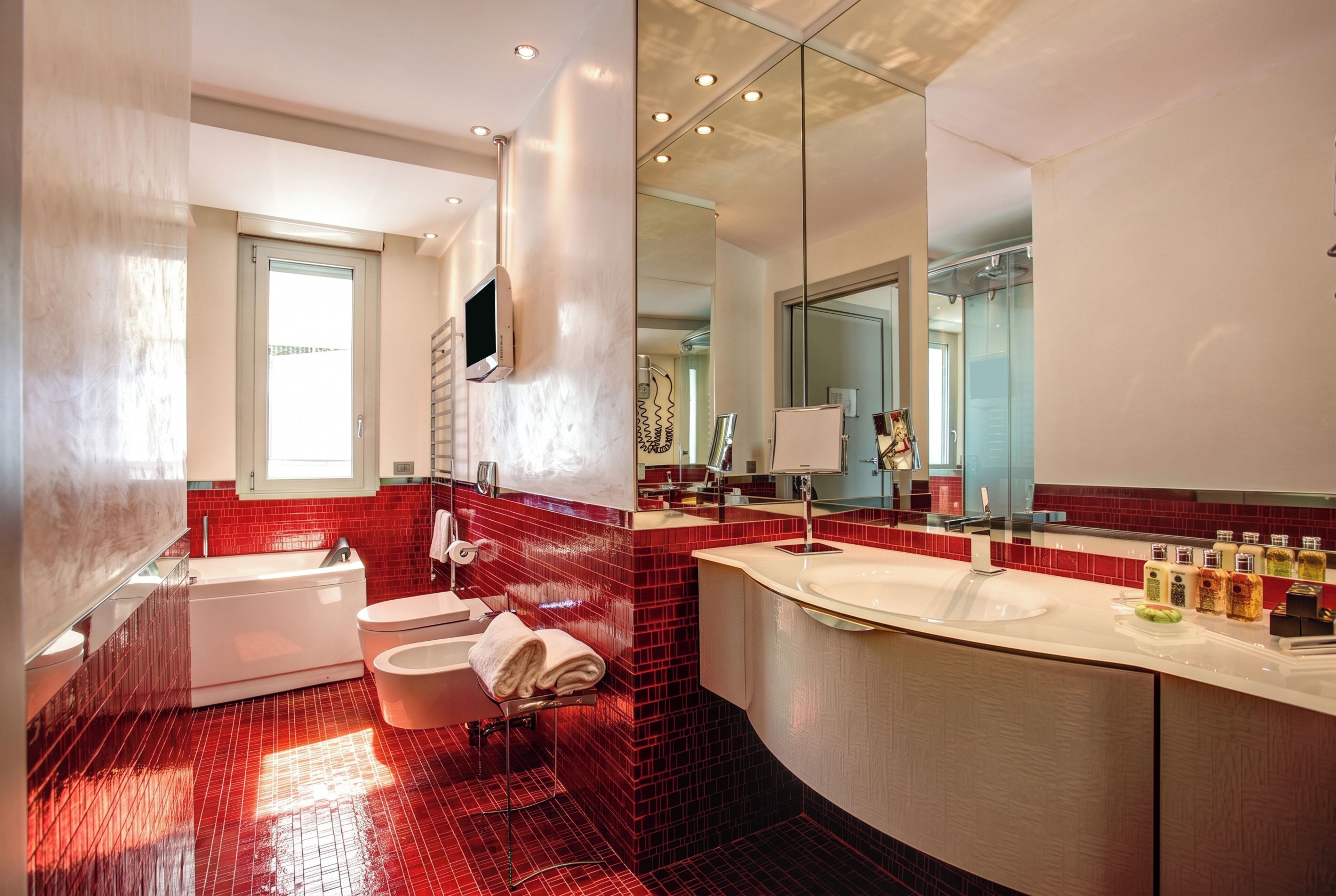 A modern bathroom with a bathtub, toilet, and a large mirror.