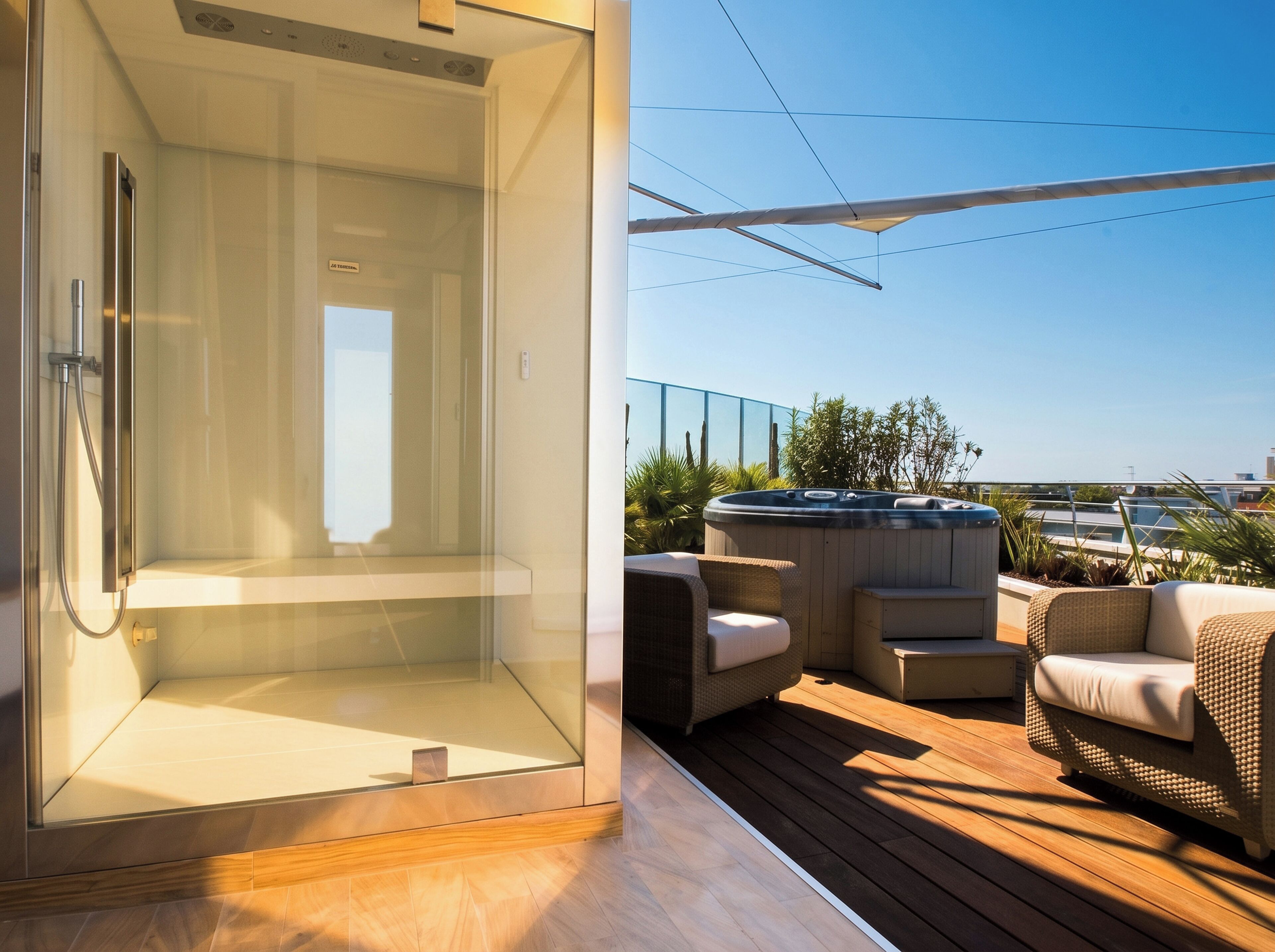 A modern outdoor deck with a glass-enclosed shower, a hot tub, and wicker furniture.
