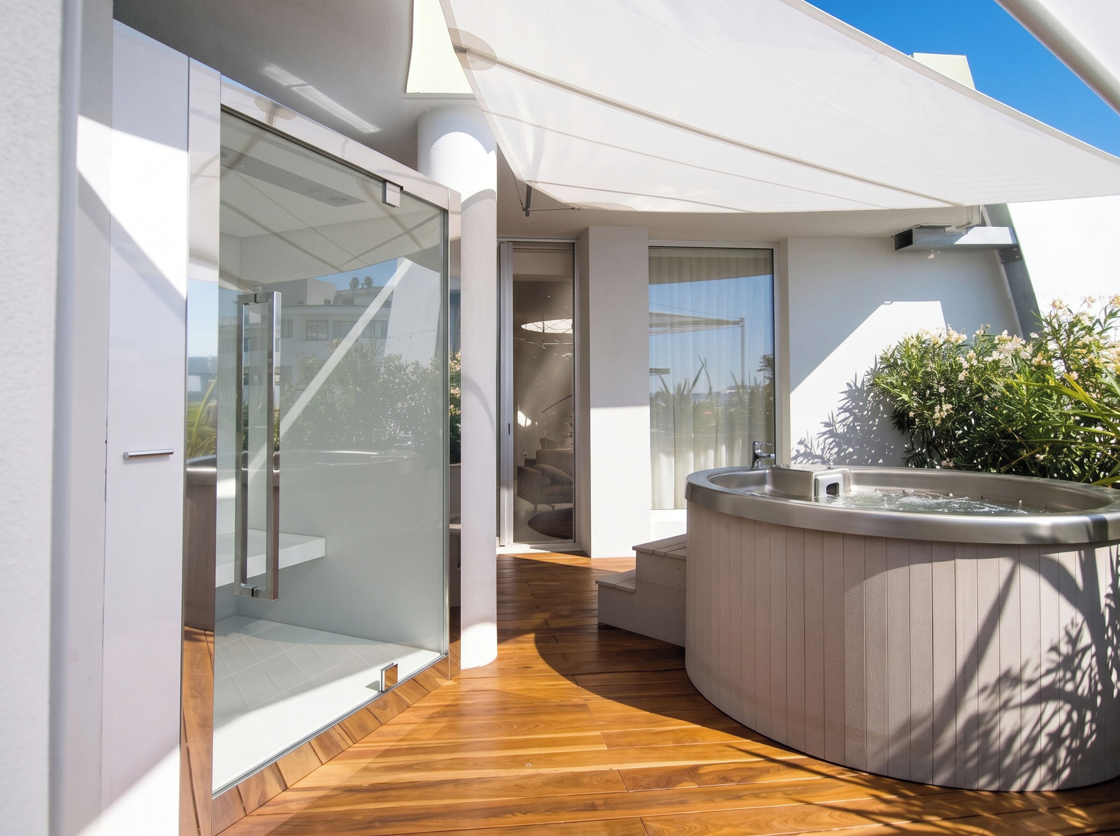 A modern outdoor space with a wooden deck, a hot tub, and a glass door leading to a room.