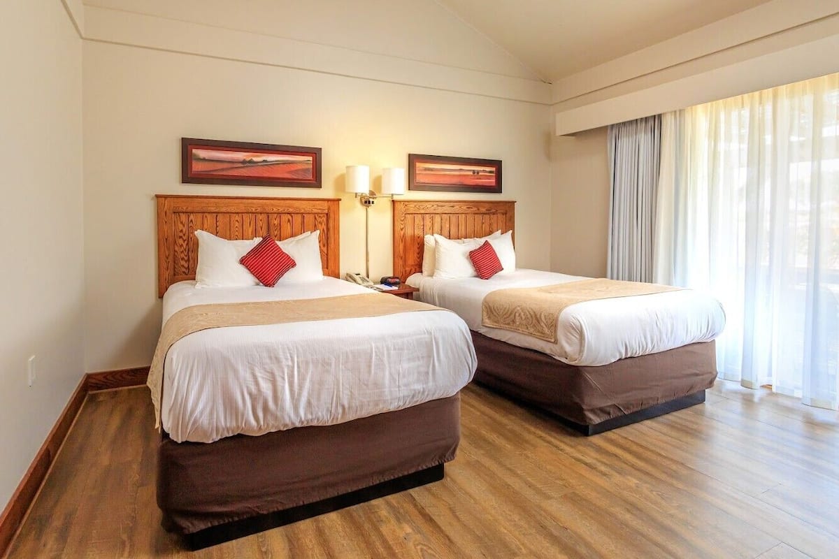 A hotel room with two beds, wooden headboards, white bedding, red pillows, a bedside table with a lamp, and a large window with curtains.
