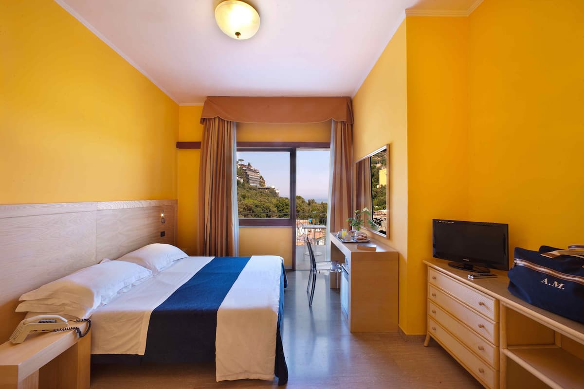 A hotel room with a bed, desk, TV, and a view of a building and trees.