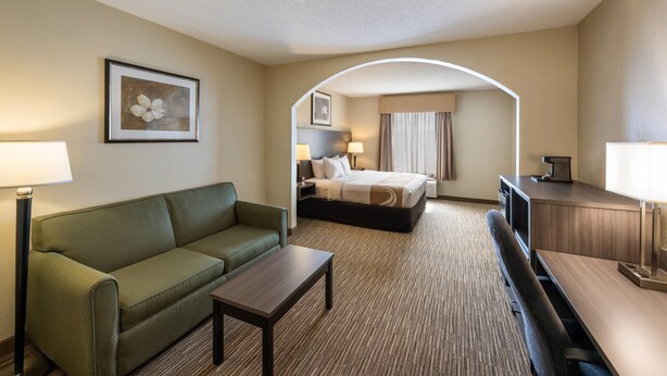 A hotel room with a green sofa, a small table, a bed with a headboard, a desk with a lamp, and a framed picture on the wall.