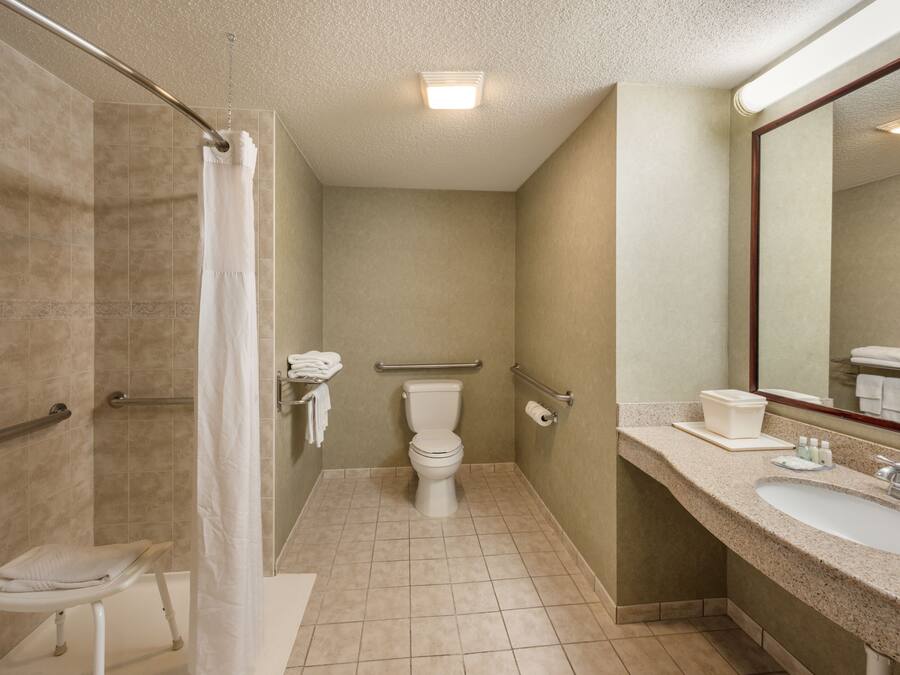 A bathroom with a shower, toilet, sink, and a mirror.