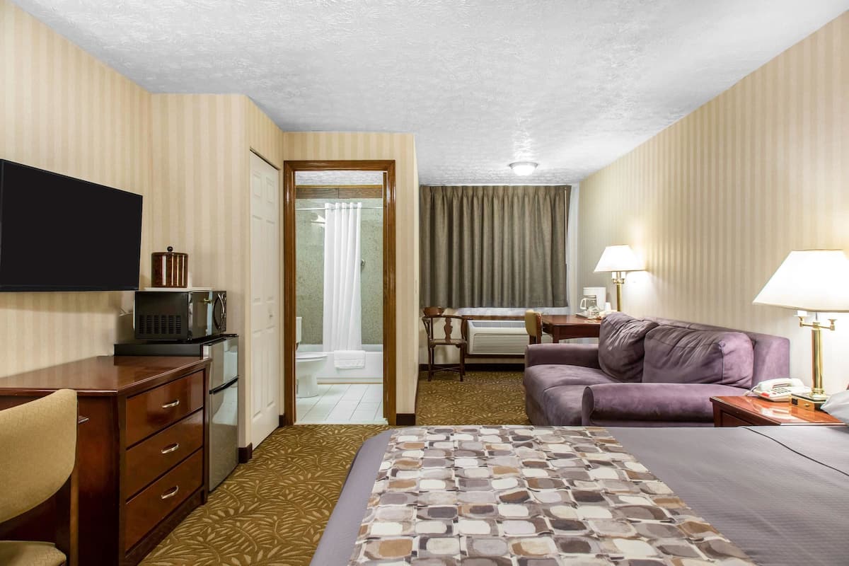 A hotel room with a bed, a desk, a chair, a TV, a microwave, and a bathroom visible through an open door.