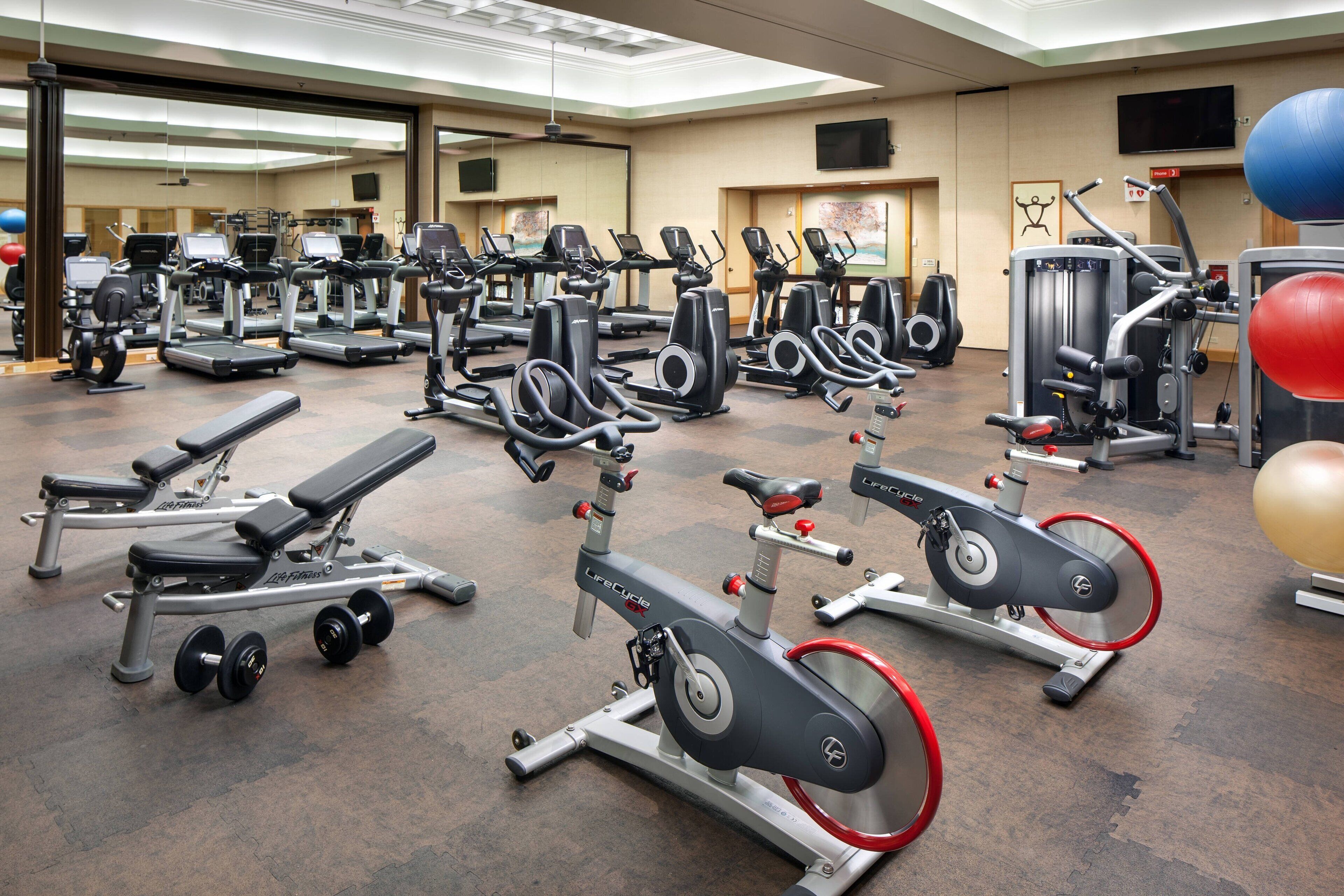 Un gimnasio con varios equipos de ejercicio, incluyendo cintas de correr, elípticas y máquinas de pesas.