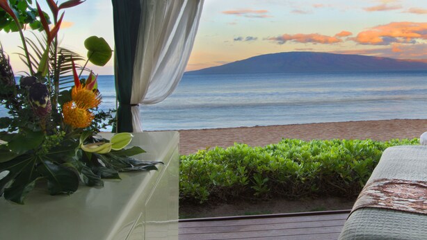 A room with a view of the sea, a bed, and a plant.