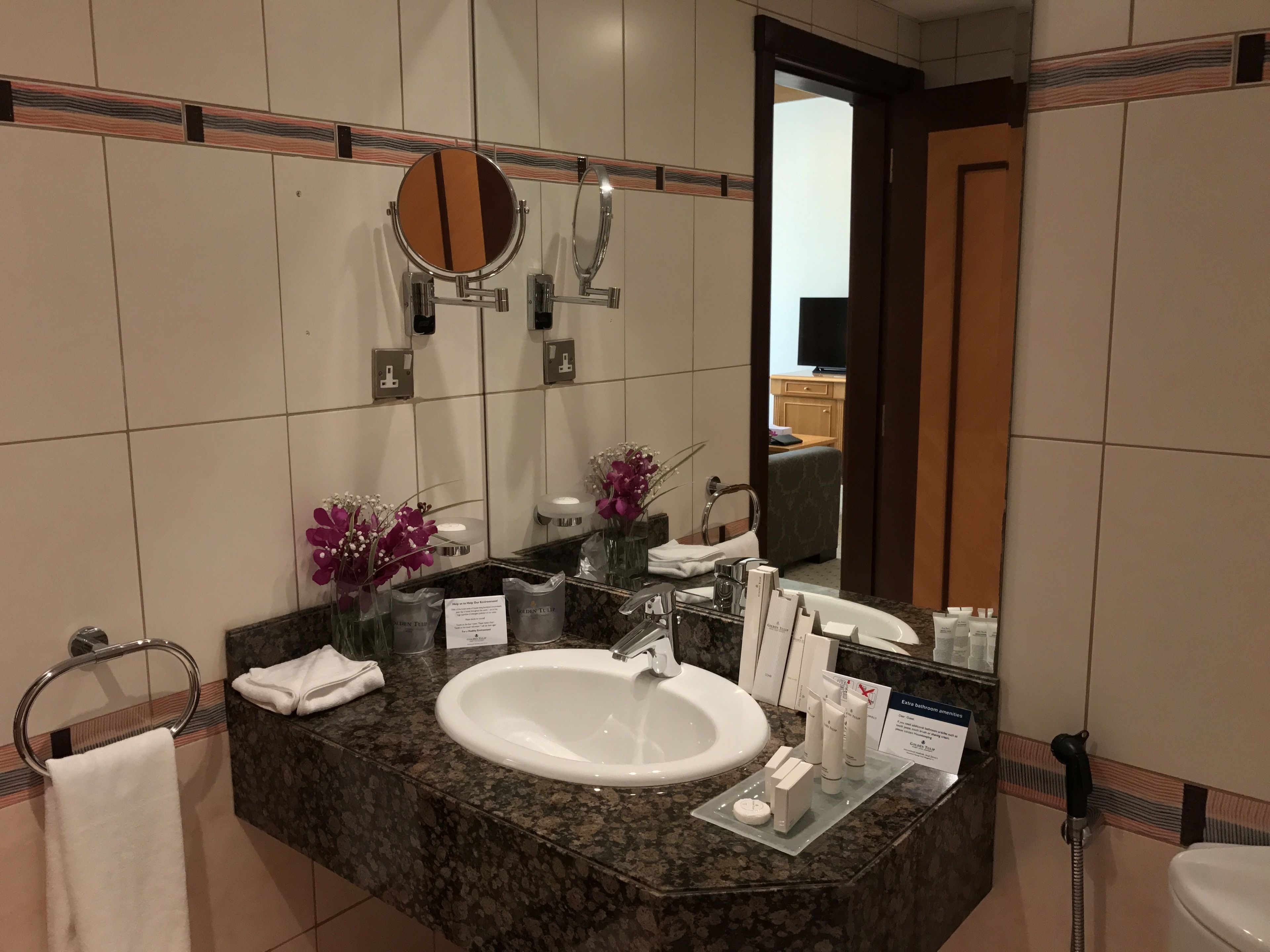 Un baño con lavamanos de mármol, espejo, toallero y artículos de aseo.