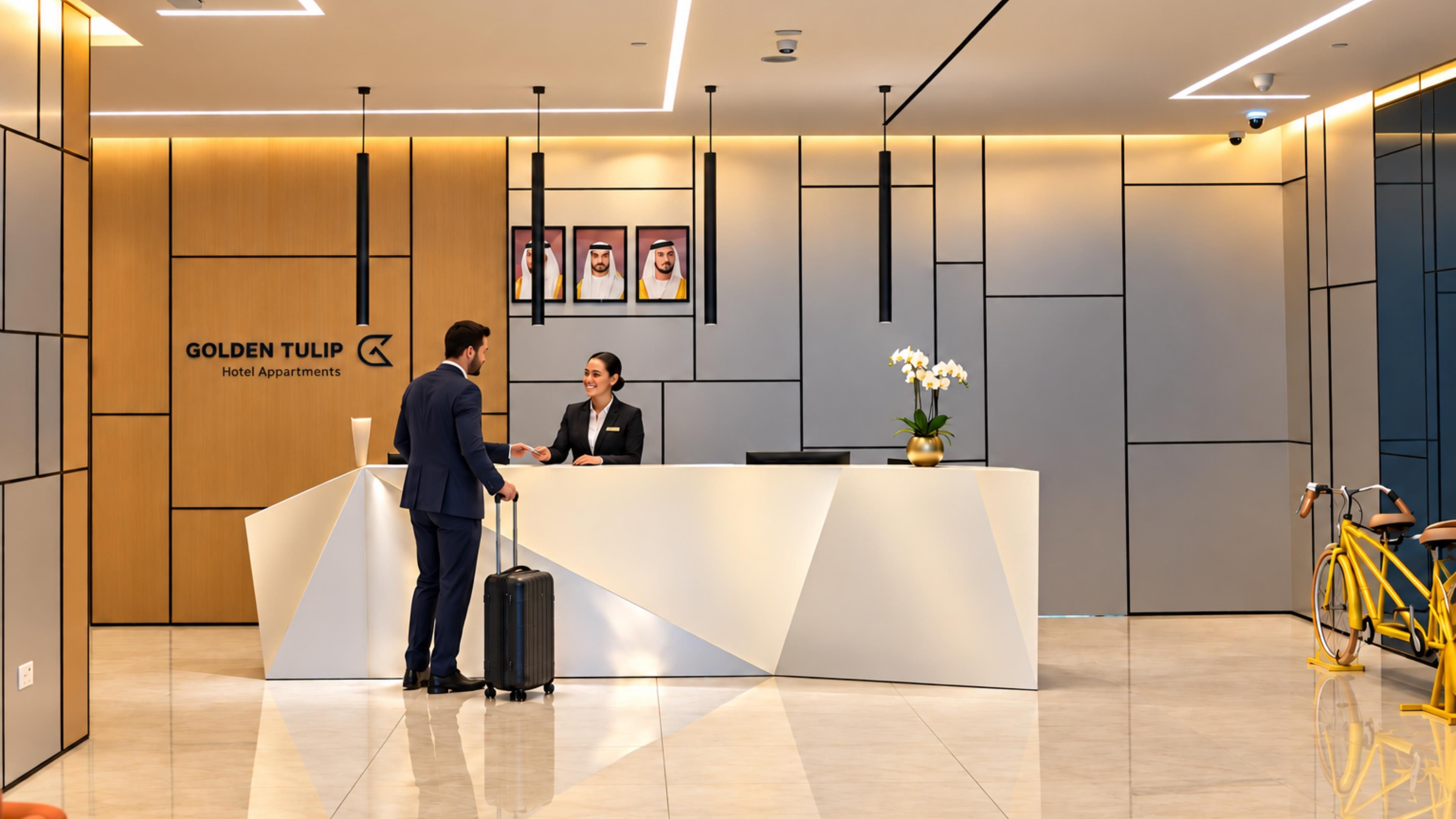 Una recepción de hotel con diseño moderno, el logotipo de 'Golden Tulip Hotel Appointments' y una cámara de seguridad sobre el mostrador.