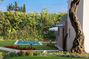Un área de piscina con un edificio pequeño, dos sillas de descanso y una estructura arbórea distintiva.